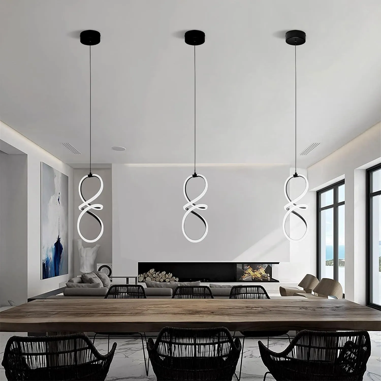 MAYNA Spiral Led Pendant Light Fixture,Modern Led Chandelier, 6000K Adjustable Height Hanging Light Fixture for Kitchen Living Room Bedroom Cafe Table, 1 Pack (Black)