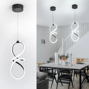 MAYNA Spiral Led Pendant Light Fixture,Modern Led Chandelier, 6000K Adjustable Height Hanging Light Fixture for Kitchen Living Room Bedroom Cafe Table, 1 Pack (Black)