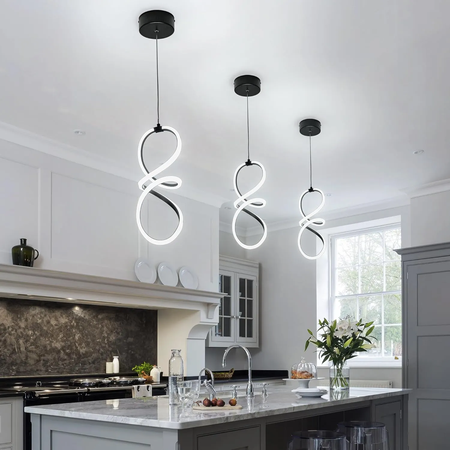 MAYNA Spiral Led Pendant Light Fixture,Modern Led Chandelier, 6000K Adjustable Height Hanging Light Fixture for Kitchen Living Room Bedroom Cafe Table, 1 Pack (Black)