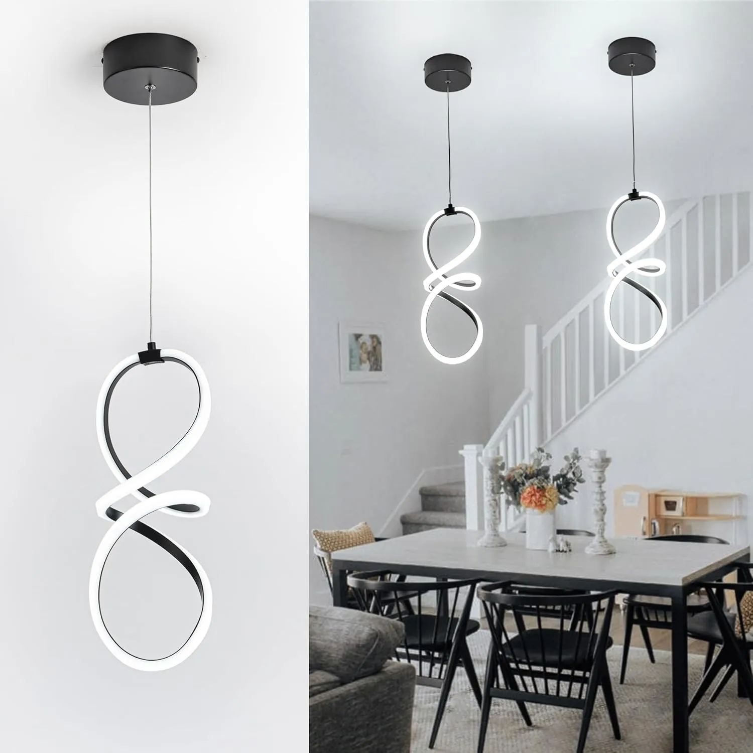 MAYNA Spiral Led Pendant Light Fixture,Modern Led Chandelier, 6000K Adjustable Height Hanging Light Fixture for Kitchen Living Room Bedroom Cafe Table, 1 Pack (Black)