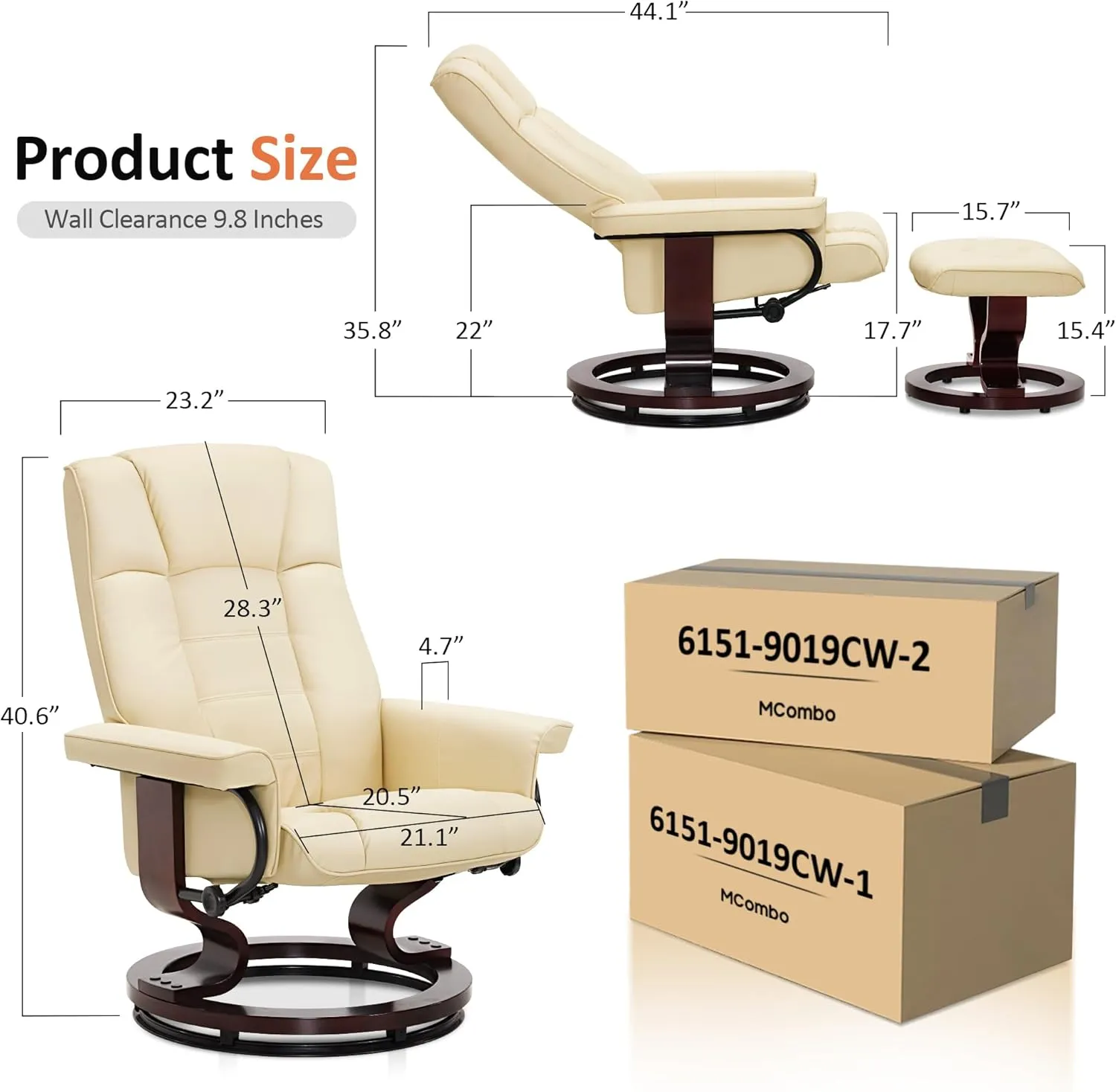 MCombo Manual Swivel Recliner with Ottoman, Chair Ottoman Set for RV Small Spaces, Living Room, Bedroom, Office 9019 4919 (Faux Leather, Cream White)