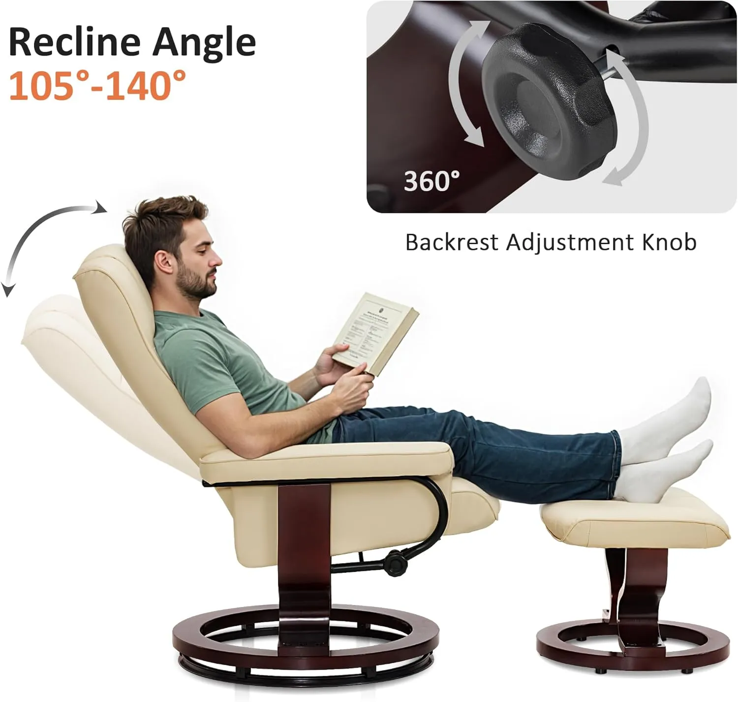 MCombo Manual Swivel Recliner with Ottoman, Chair Ottoman Set for RV Small Spaces, Living Room, Bedroom, Office 9019 4919 (Faux Leather, Cream White)