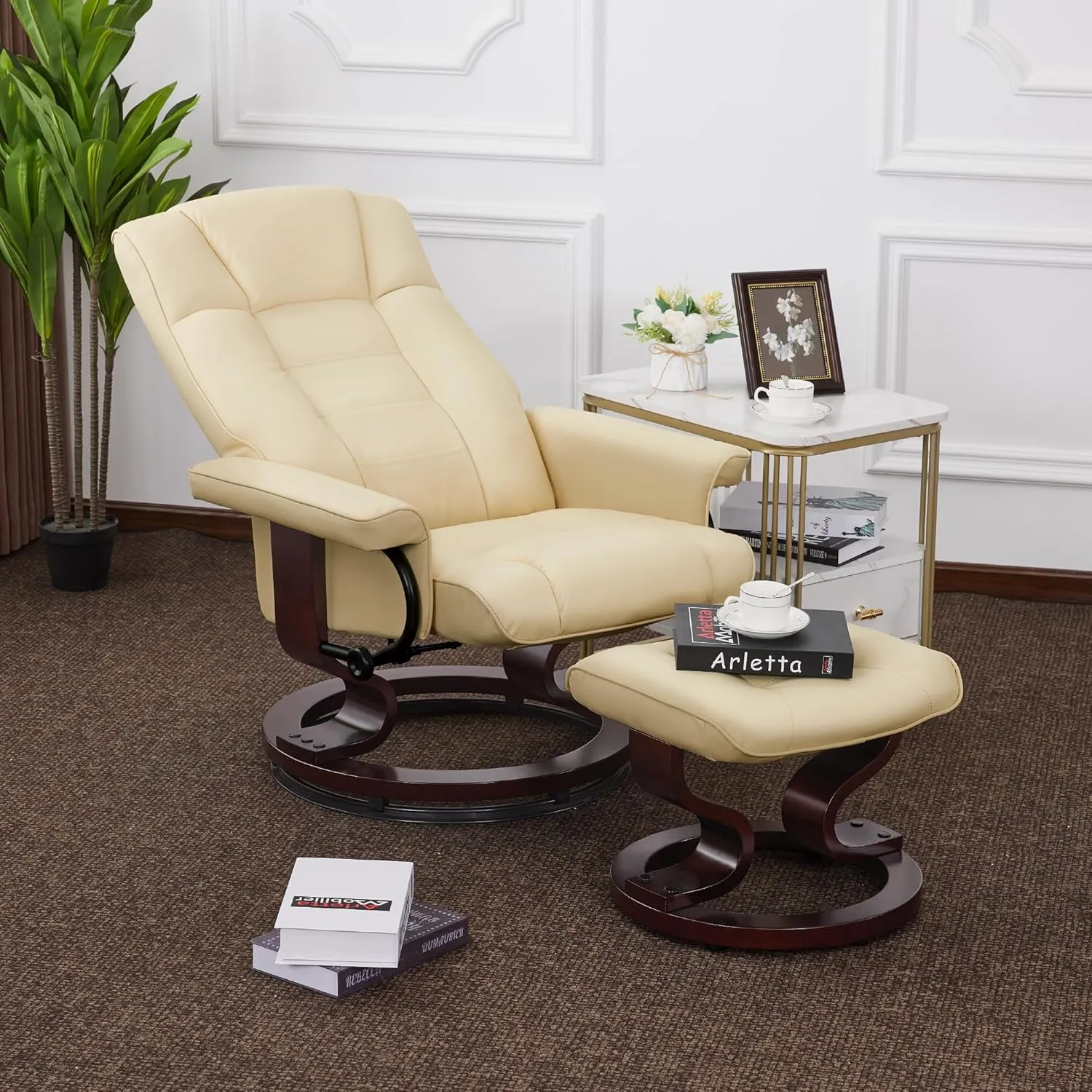 MCombo Manual Swivel Recliner with Ottoman, Chair Ottoman Set for RV Small Spaces, Living Room, Bedroom, Office 9019 4919 (Faux Leather, Cream White)