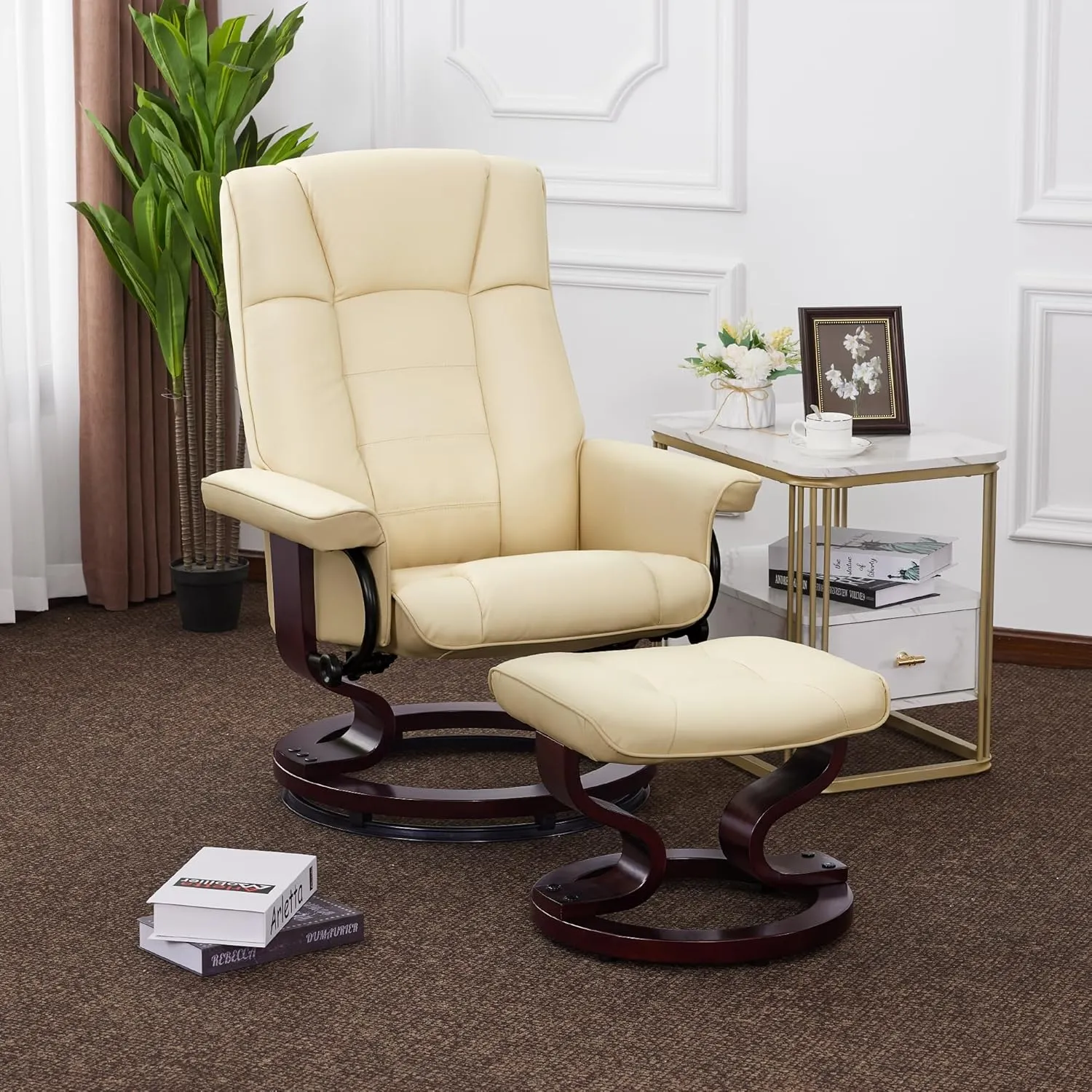 MCombo Manual Swivel Recliner with Ottoman, Chair Ottoman Set for RV Small Spaces, Living Room, Bedroom, Office 9019 4919 (Faux Leather, Cream White)