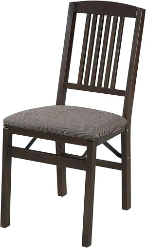 MECO Stakmore Mission Solid Foldable Wood Dining Chairs with Fabric Padded Cushioned Upholstered Seat for Indoor Use, Espresso (2 Pack)