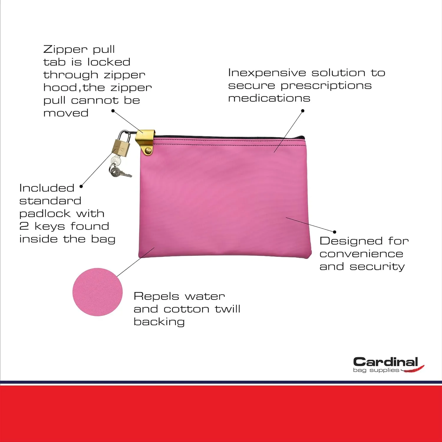 Medication Zipper Hood Security Bag with Included Padlock and Keys (Pink)