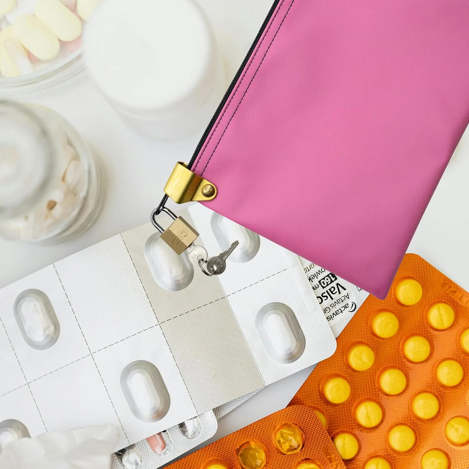 Medication Zipper Hood Security Bag with Included Padlock and Keys (Pink)