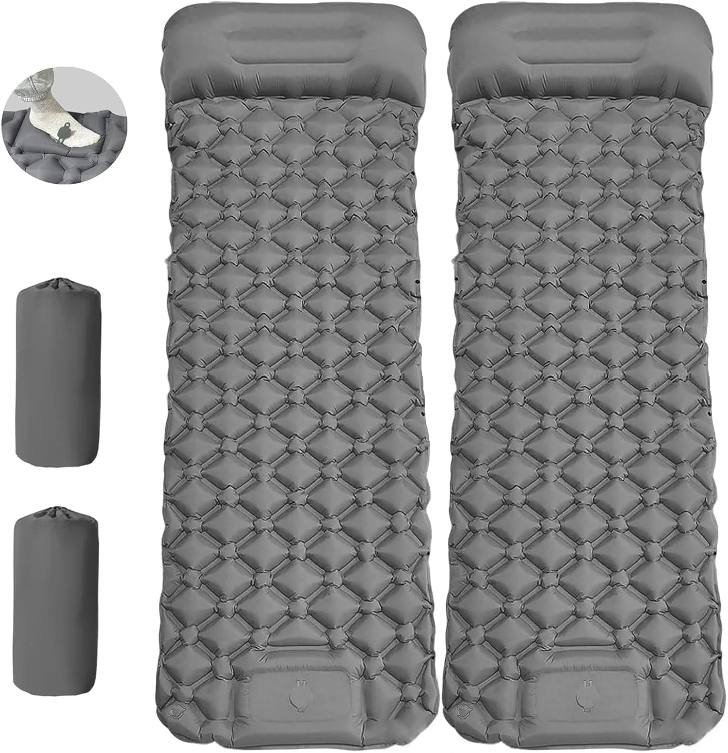 MEI&CO Lightweight Convertible Double Inflatable Camping Pad – 2-in-1 Single Pads Built-in Pillow – Quick Inflate Foot Pump, 660lb Capacity – Perfect for Couples & Family Adventures (2, Gray)