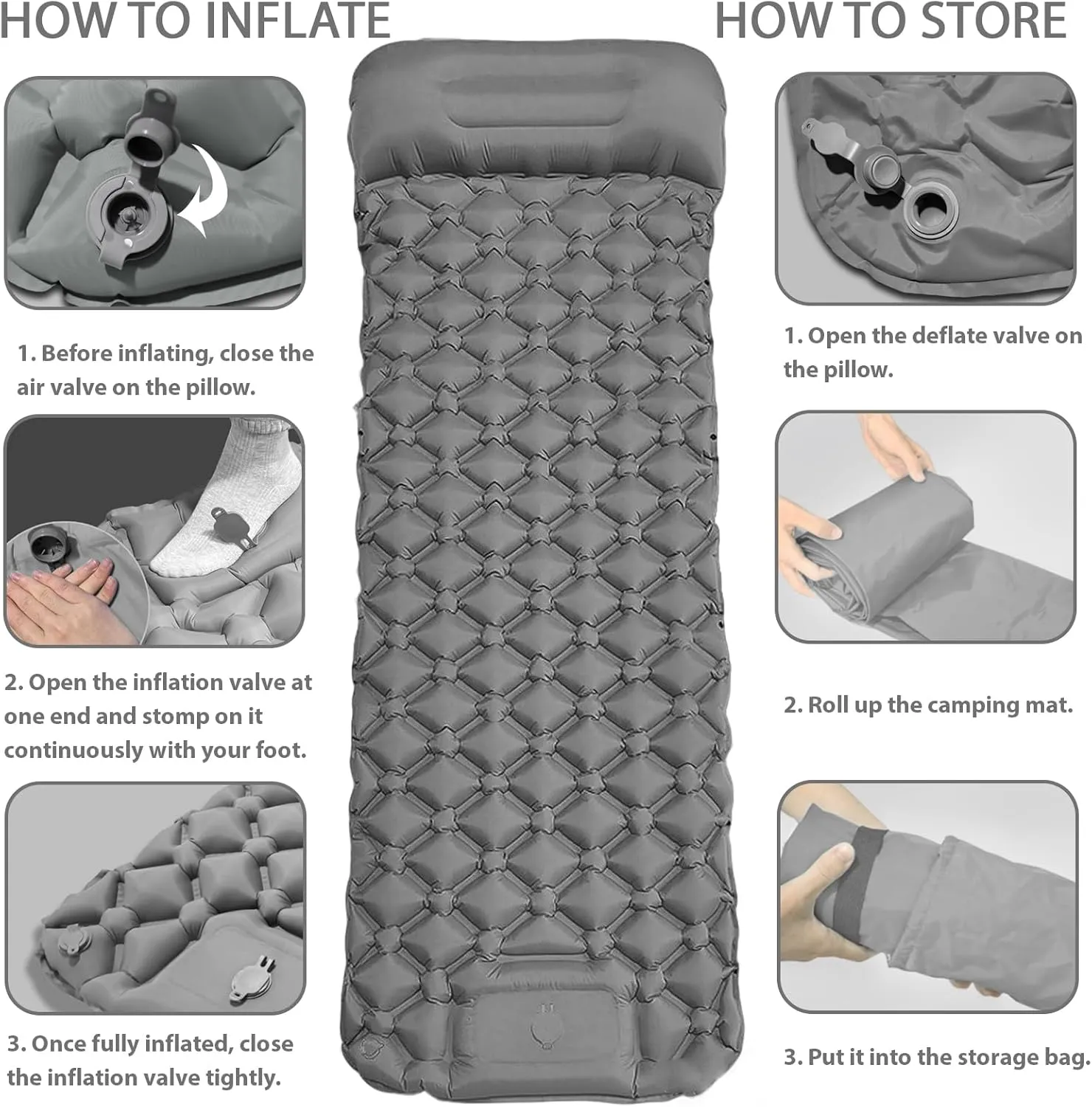 MEI&CO Lightweight Convertible Double Inflatable Camping Pad – 2-in-1 Single Pads Built-in Pillow – Quick Inflate Foot Pump, 660lb Capacity – Perfect for Couples & Family Adventures (2, Gray)
