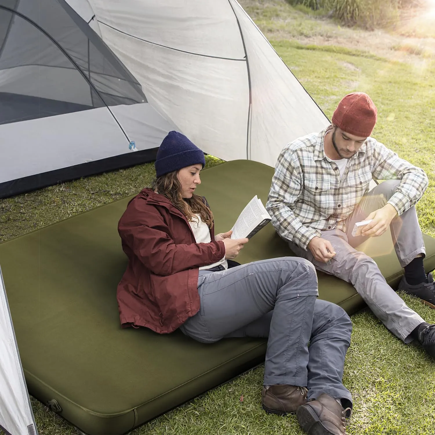 MELLCOM Self Inflating Sleeping Pad, Foam Camping Mattress with Storage Bag, 4-Season Outdoor Inflatable Camping Mat for 2 Person, Car Camping, Traveling, Tent (Green, 78" x 50")