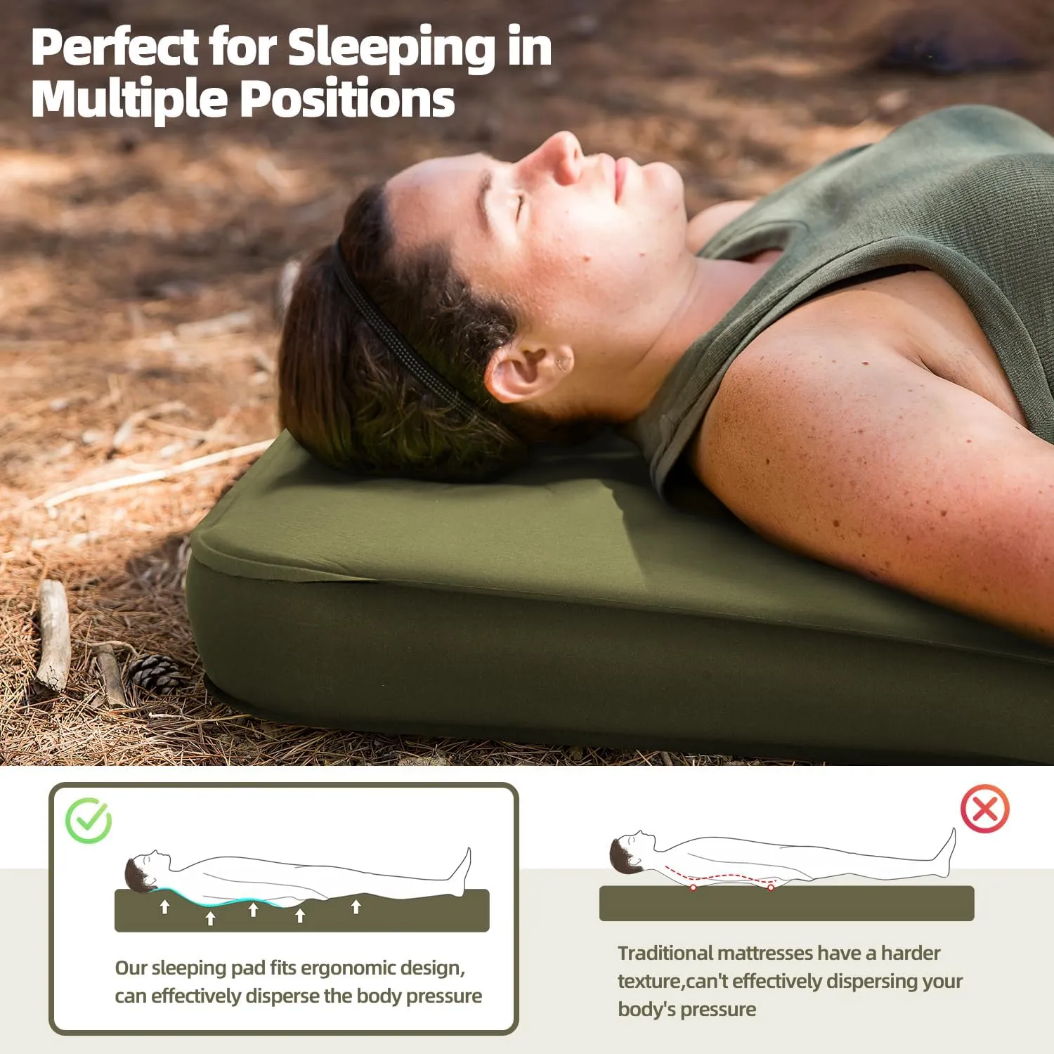 MELLCOM Self Inflating Sleeping Pad, Foam Camping Mattress with Storage Bag, 4-Season Outdoor Inflatable Camping Mat for 2 Person, Car Camping, Traveling, Tent (Green, 78" x 50")