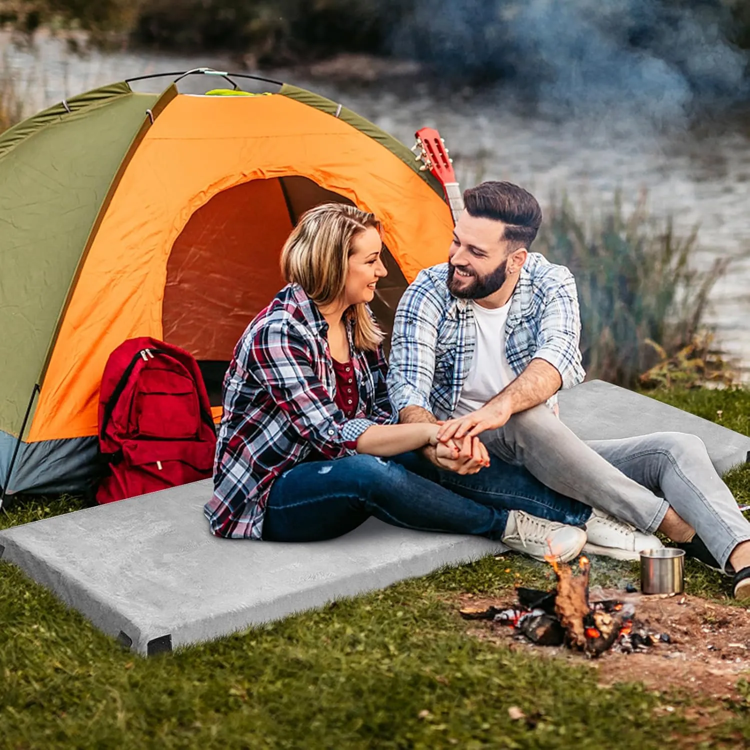 Memory Foam Camping Mattress, Portable Roll Up Sleeping Mat w/Non-Slip Bottom, Carry Bag, Floor Mattress Guest Bed for Sleepover, Thick Sleeping Pad for Camping Car Travel Backpacking