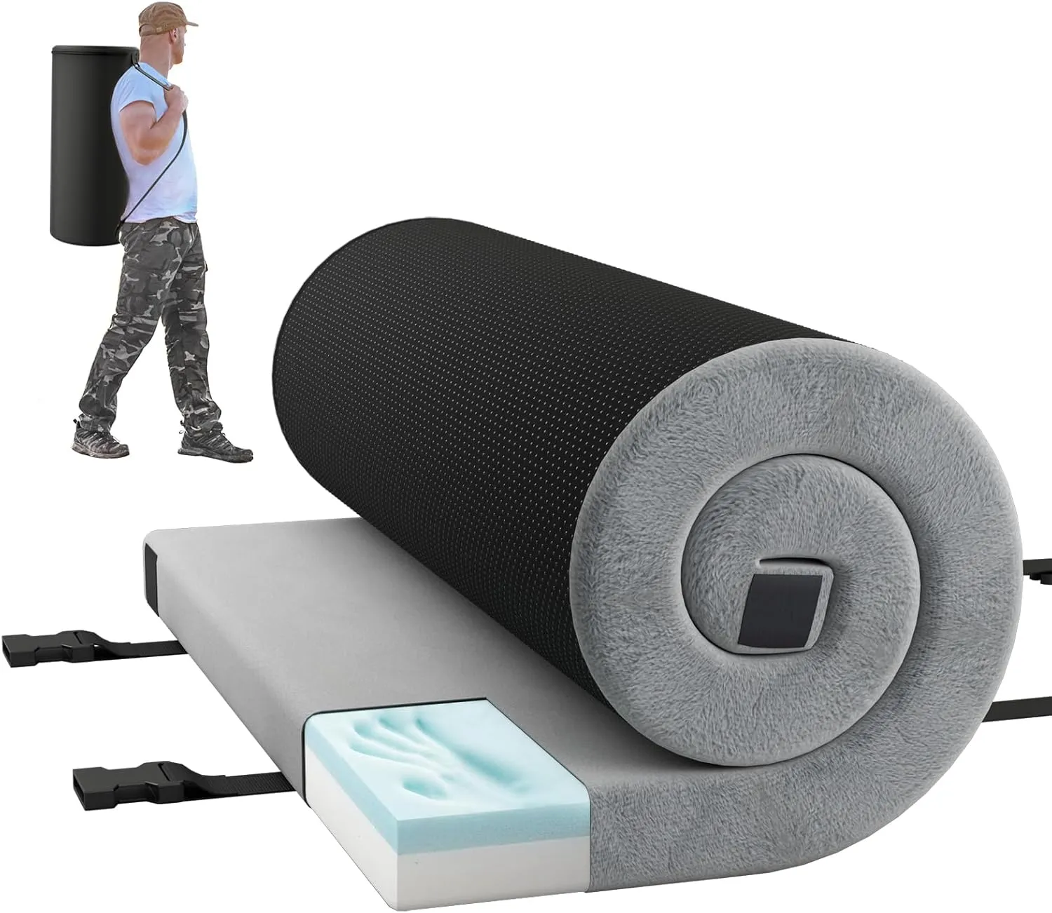 Memory Foam Camping Mattress, Portable Roll Up Sleeping Mat w/Non-Slip Bottom, Carry Bag, Floor Mattress Guest Bed for Sleepover, Thick Sleeping Pad for Camping Car Travel Backpacking