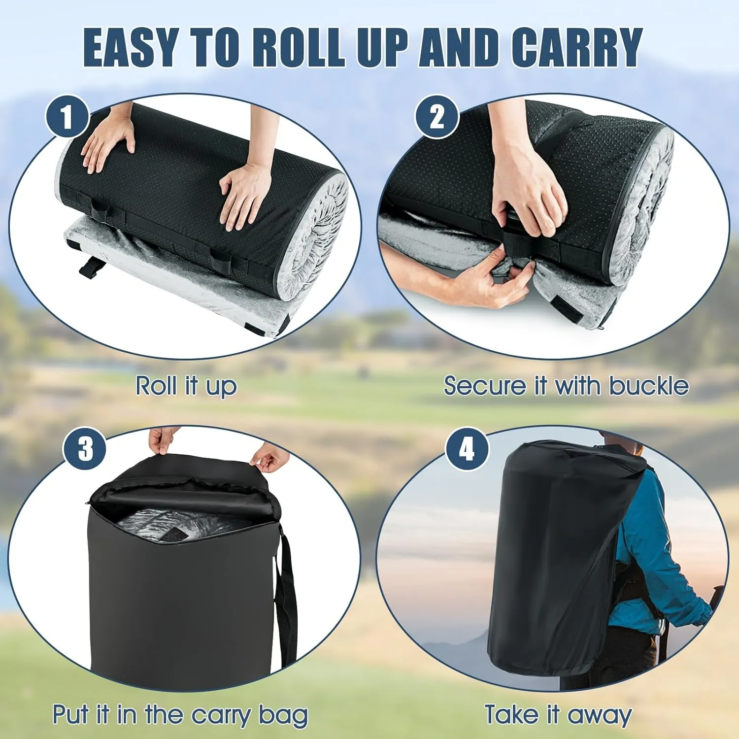 Memory Foam Camping Mattress, Portable Roll Up Sleeping Mat w/Non-Slip Bottom, Carry Bag, Floor Mattress Guest Bed for Sleepover, Thick Sleeping Pad for Camping Car Travel Backpacking