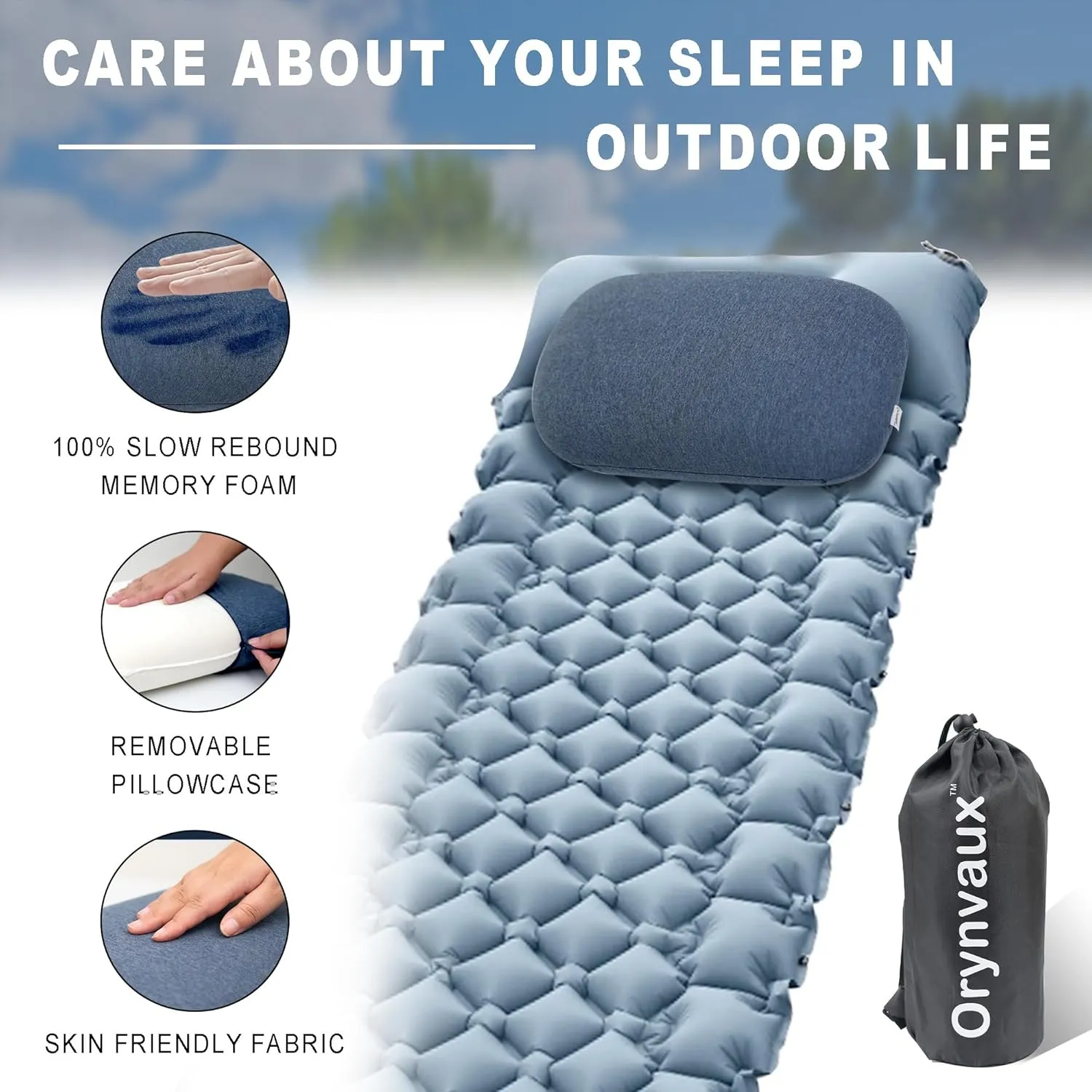 Memory Foam Camping Pillow, Portable Travel Pillow with Breathable Detachable Pillowcase, Compact & Lightweight for Camping, Hiking, Backpacking, Airplane Travel, Includes Storage Bag