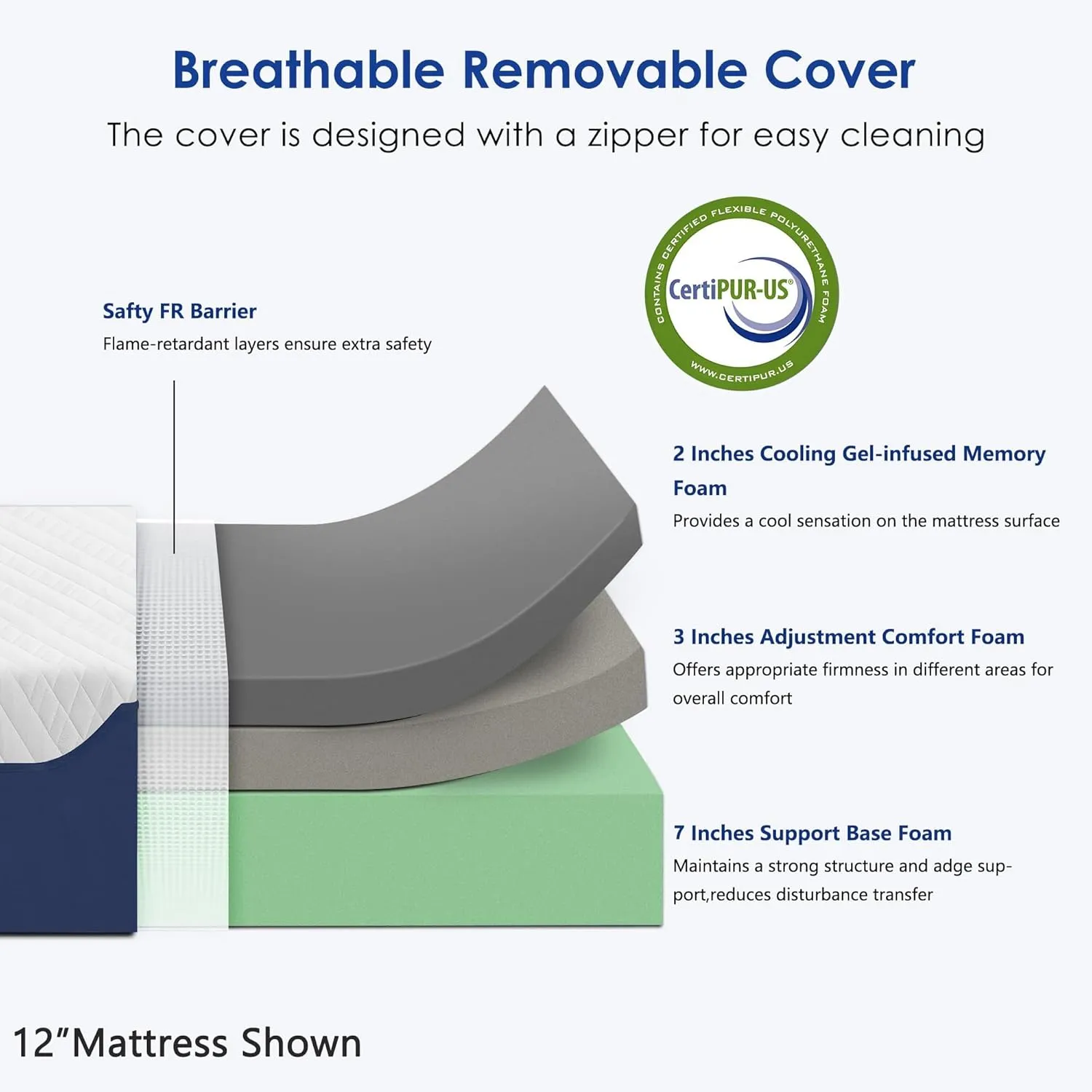 Memory Foam Mattress, 12 Inch Queen Mattress in a Box, Cooling Gel Infused Mattress for Pressure Relief, Bed in a Box CertiPUR-US Certified & Fiberglass Free, Washable Cover