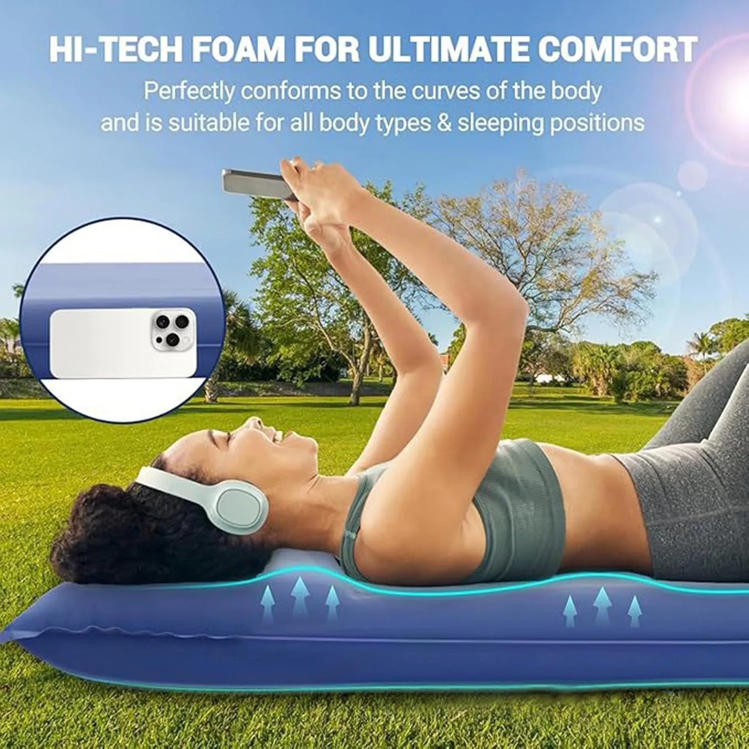 Memory Sleeping Pad, Ultra-Thick Inflatable Sleeping Pad for Camping, Easy Inflate & Deflate, Inflatable Sleeping Mat for Camping Backpacking Hiking Traveling Tent (Navy, One Size)
