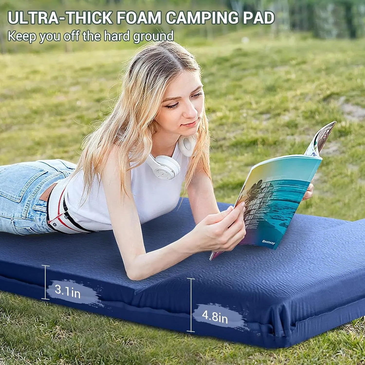 Memory Sleeping Pad, Ultra-Thick Inflatable Sleeping Pad for Camping, Easy Inflate & Deflate, Inflatable Sleeping Mat for Camping Backpacking Hiking Traveling Tent (Navy, One Size)
