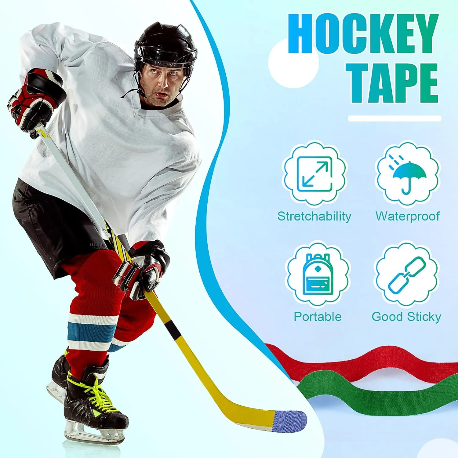 Meooeck 10 Rolls Multipurpose Hockey Tape Adhesive Shin Pad Sock Stick Tape for Ice Skate Sports Hockey Gifts Gear Equipment