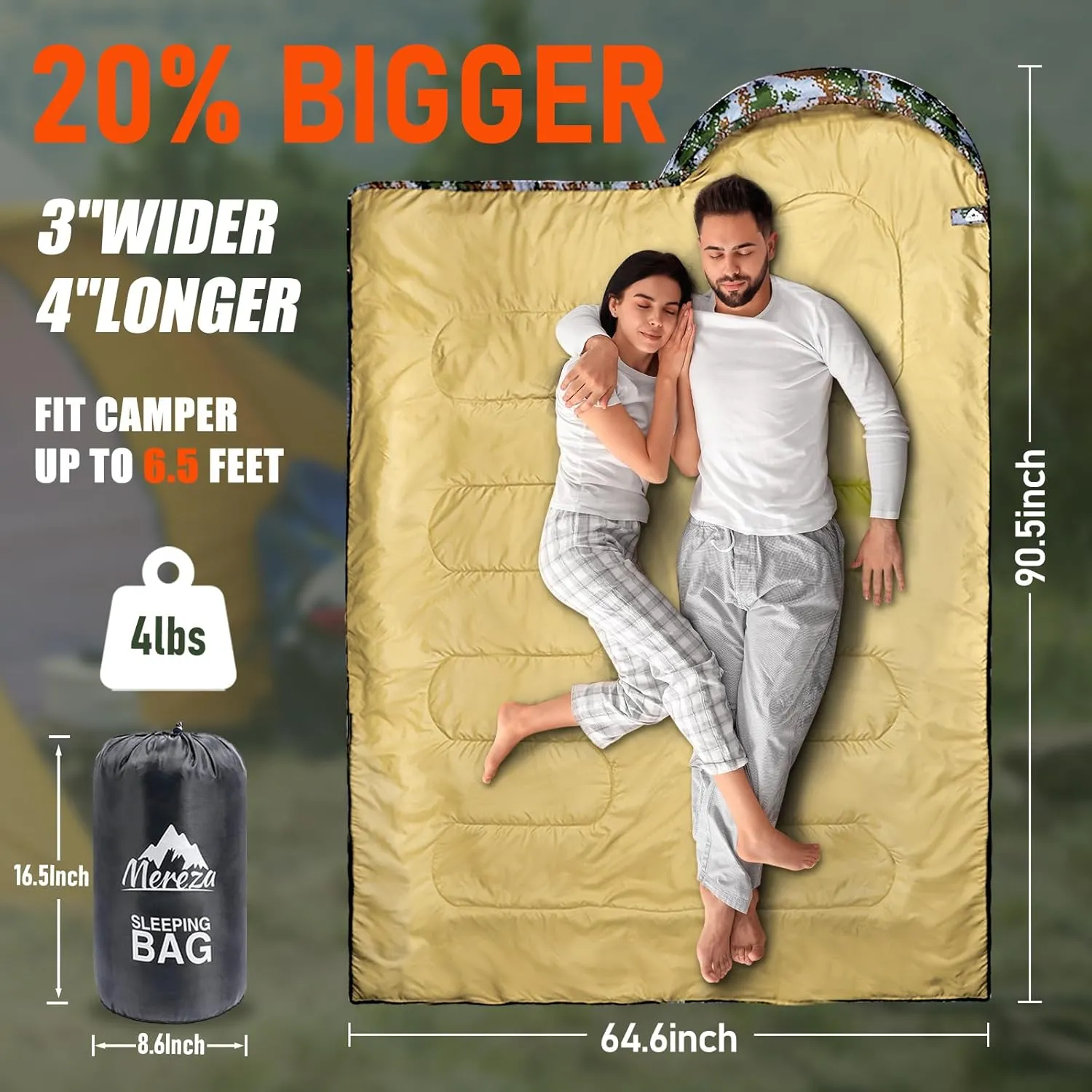 MEREZA Sleeping Bag XL for Adults Mummy Sleeping Bag for Cold Warm Weather 20 Degree Big Tall Men Sleeping Bags Queen Size Woodland Camping Hiking