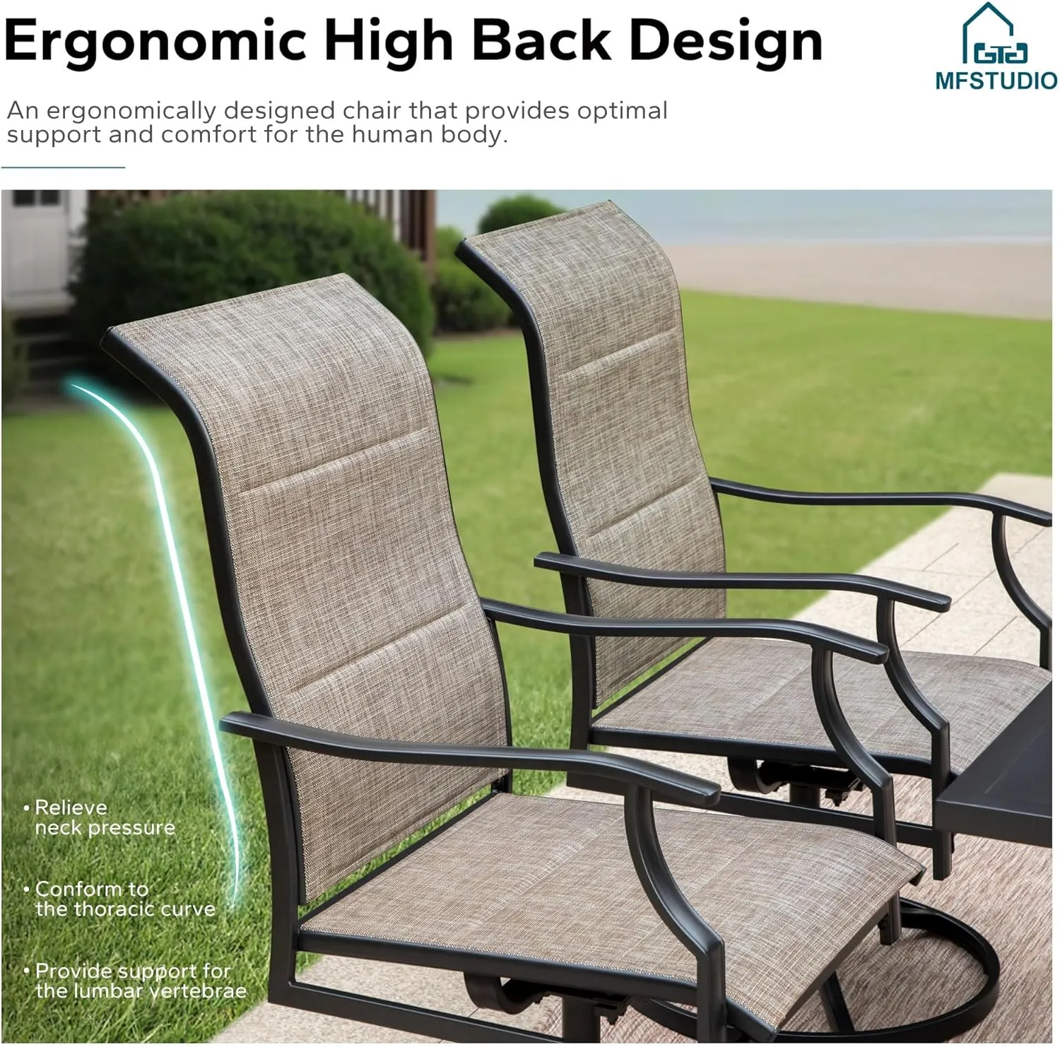 MFSTUDIO Patio Swivel Chairs Set of 2, High Back Outdoor Dining Chairs with Sturdy Metal Fame & Breathable Textilene Fabric for Deck, Backyard, Lawn, Garden