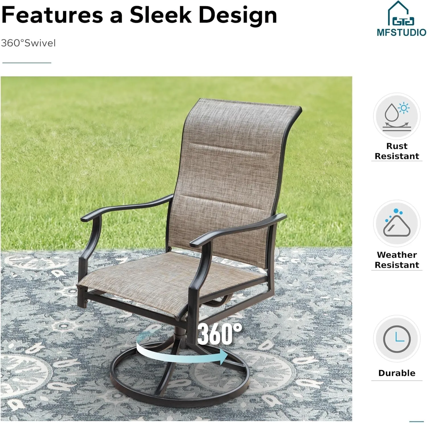 MFSTUDIO Patio Swivel Chairs Set of 2, High Back Outdoor Dining Chairs with Sturdy Metal Fame & Breathable Textilene Fabric for Deck, Backyard, Lawn, Garden