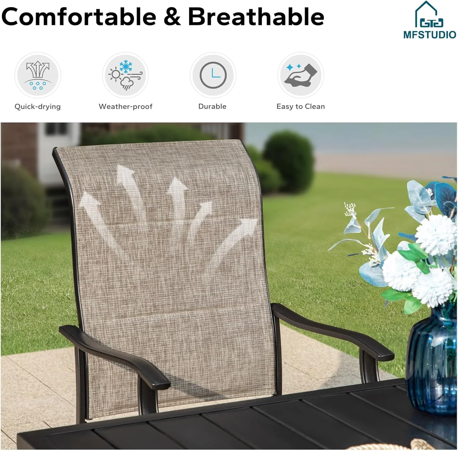 MFSTUDIO Patio Swivel Chairs Set of 2, High Back Outdoor Dining Chairs with Sturdy Metal Fame & Breathable Textilene Fabric for Deck, Backyard, Lawn, Garden