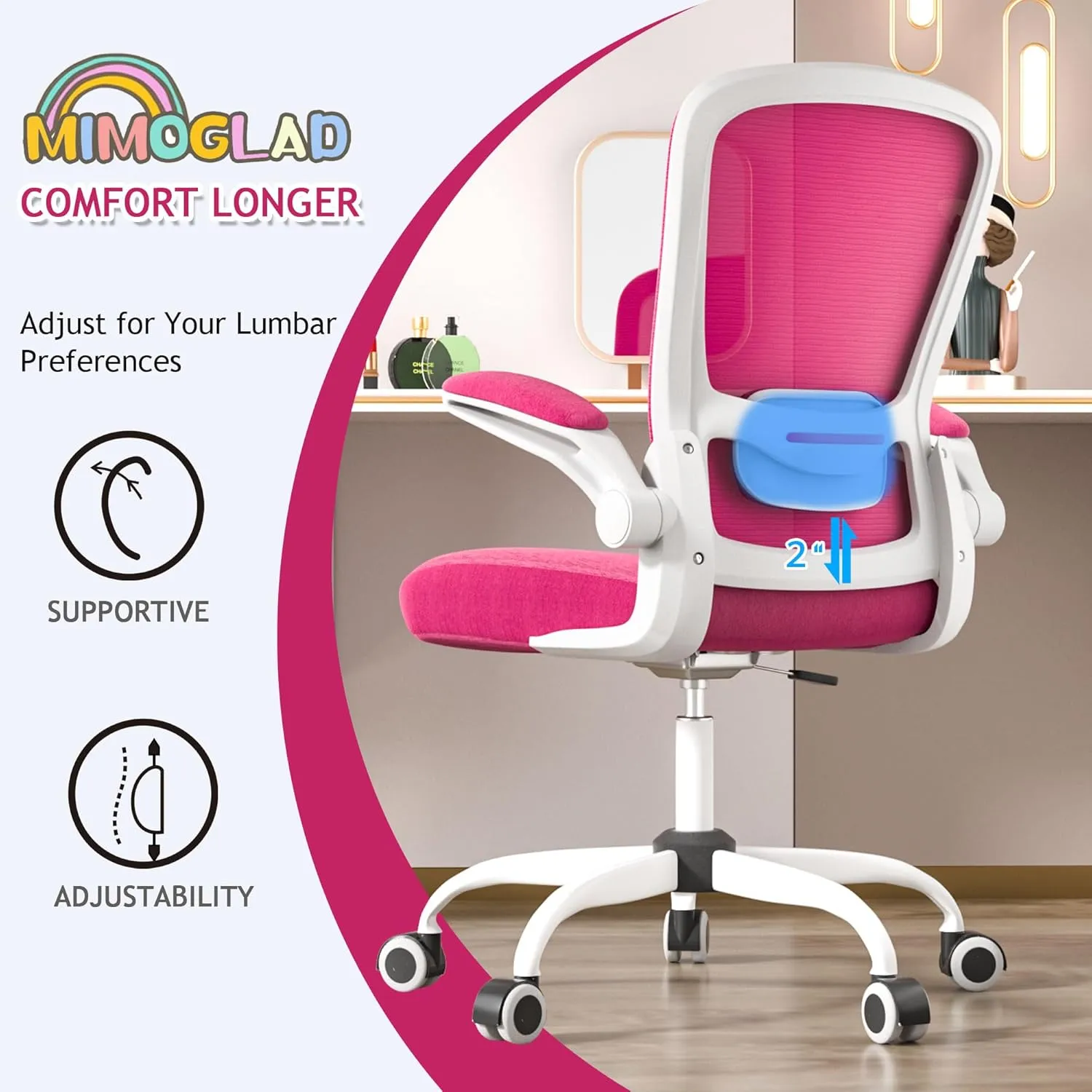 Mimoglad Ergonomic High Back Mesh Office Chair, Adjustable Lumbar Support, Thickened Seat Cushion (Modern, Barbie Pink)