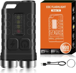 Mini EDC Flashlight, 900 High Lumen Keychain Flashlights, Rechargeable Pocket LED Flashlight with Red UV Blue Light - 12 Modes, IP65 Water Resistant, USB-C, Tail Magnet (Black)