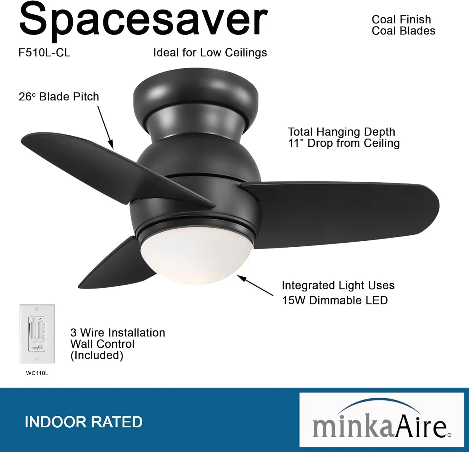 MINKA-AIRE F510L-CL Spacesaver 26 Inch Ceiling Fan with Integrated LED Light Kit in Coal Finish