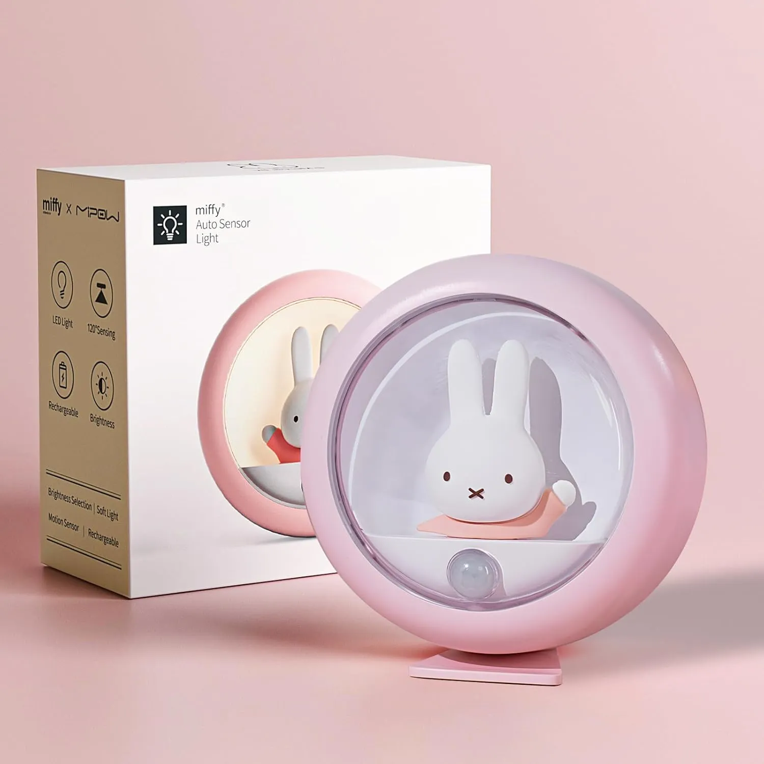 MIPOW x Miffy 2025 New Model LED Motion Sensor Night Light, Rechargeable Automatic Nightlight with Adjustable Brightness, Magnetic & Portable for Bedroom, Bathroom, Hallway (Pink)