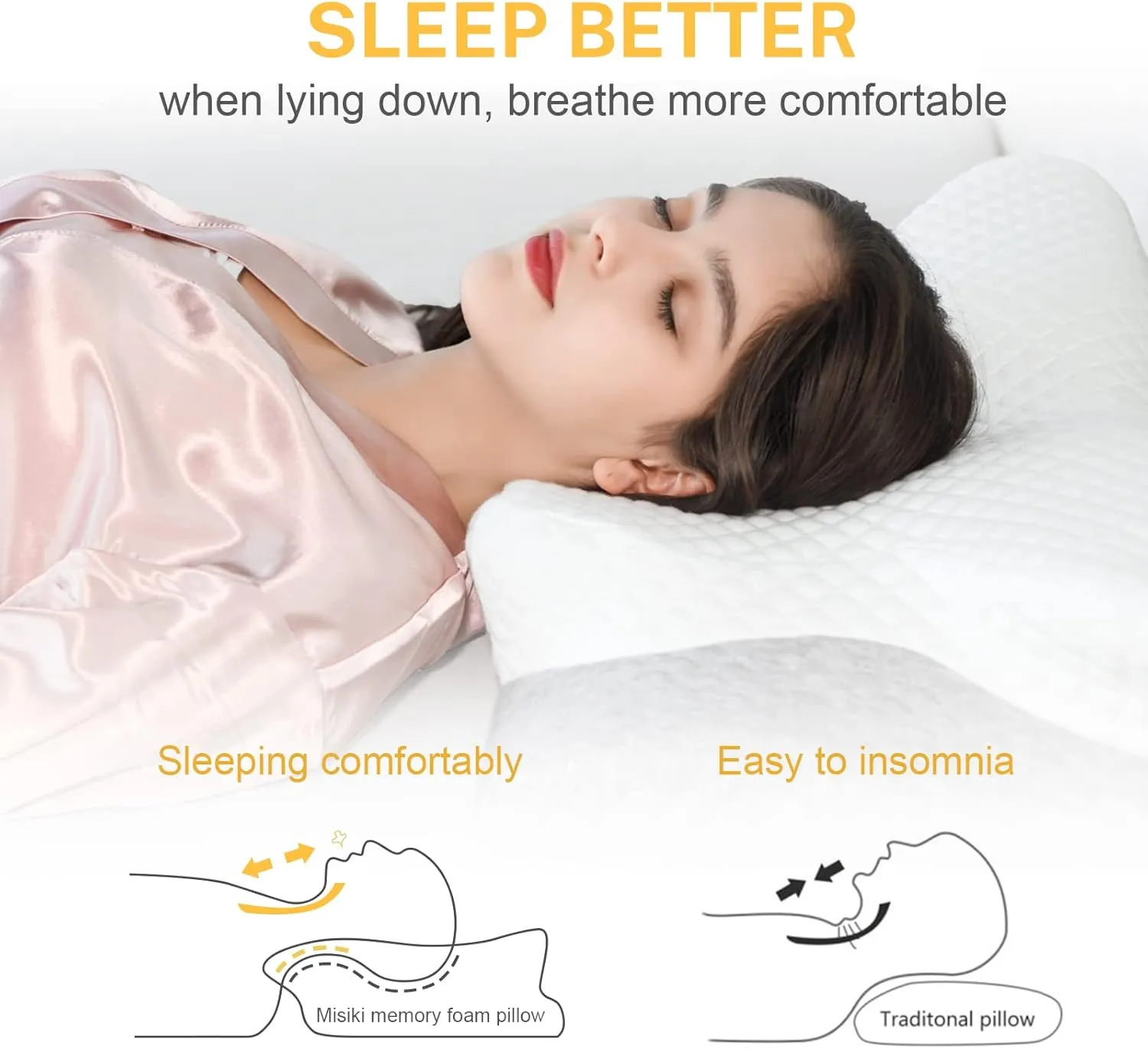 Misiki Cervical Memory Foam Pillow, Orthopedic Pillow Contour Pillow for Neck Pain, Cervical Ergonomic Pillow for Side Sleepers, Back and Stomach Sleep