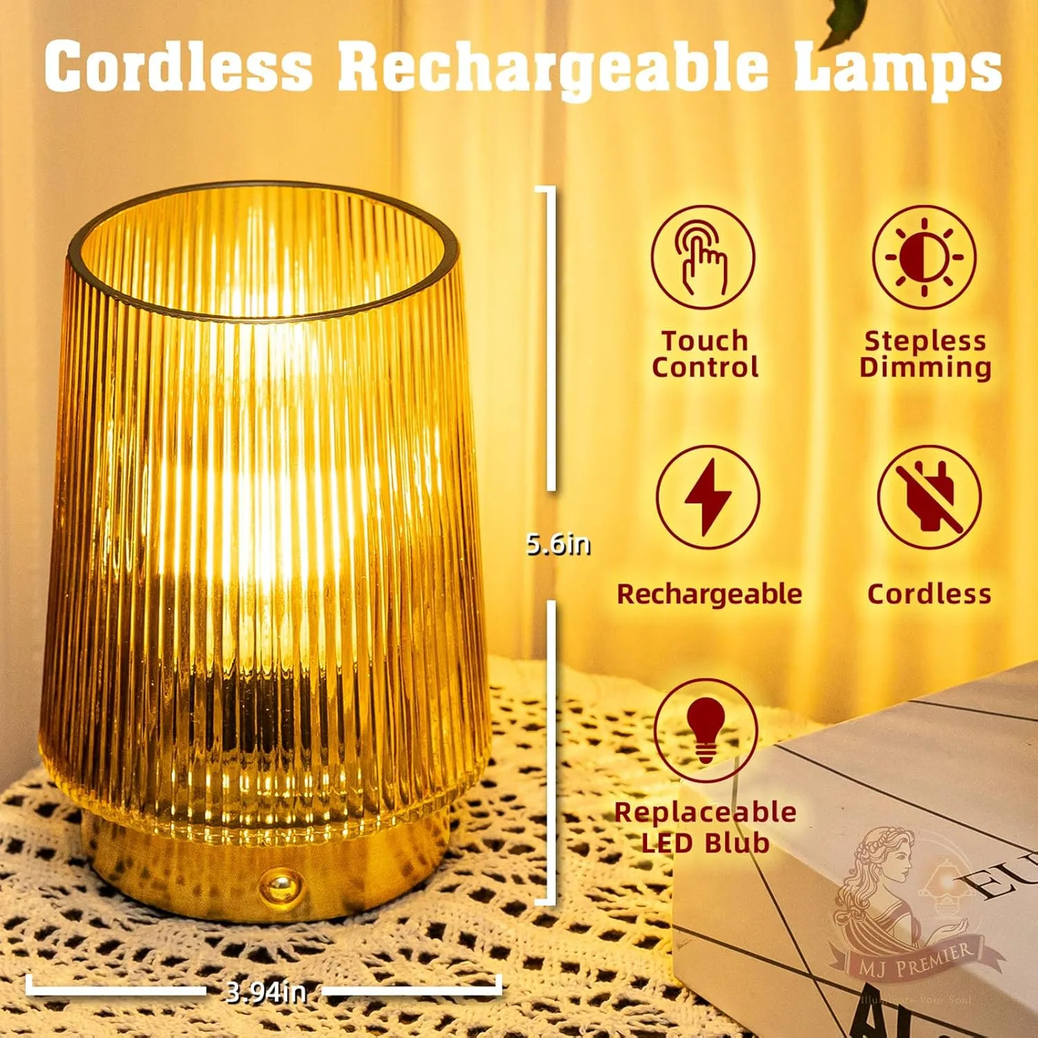 MJ PREMIER Cordless Lamps Rechargeable Glass Table Lamp Portable Dimmable Brightness Touch Battery Operated Lamp Cordless Beside Touch Lamp for Home Bedroom Kitchen Dining Bathroom Yellow