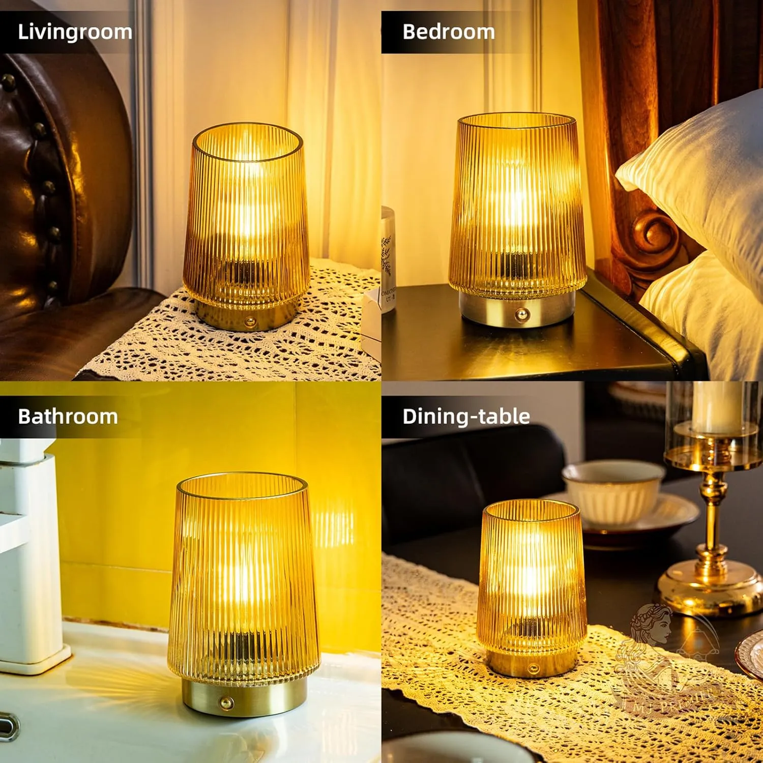 MJ PREMIER Cordless Lamps Rechargeable Glass Table Lamp Portable Dimmable Brightness Touch Battery Operated Lamp Cordless Beside Touch Lamp for Home Bedroom Kitchen Dining Bathroom Yellow
