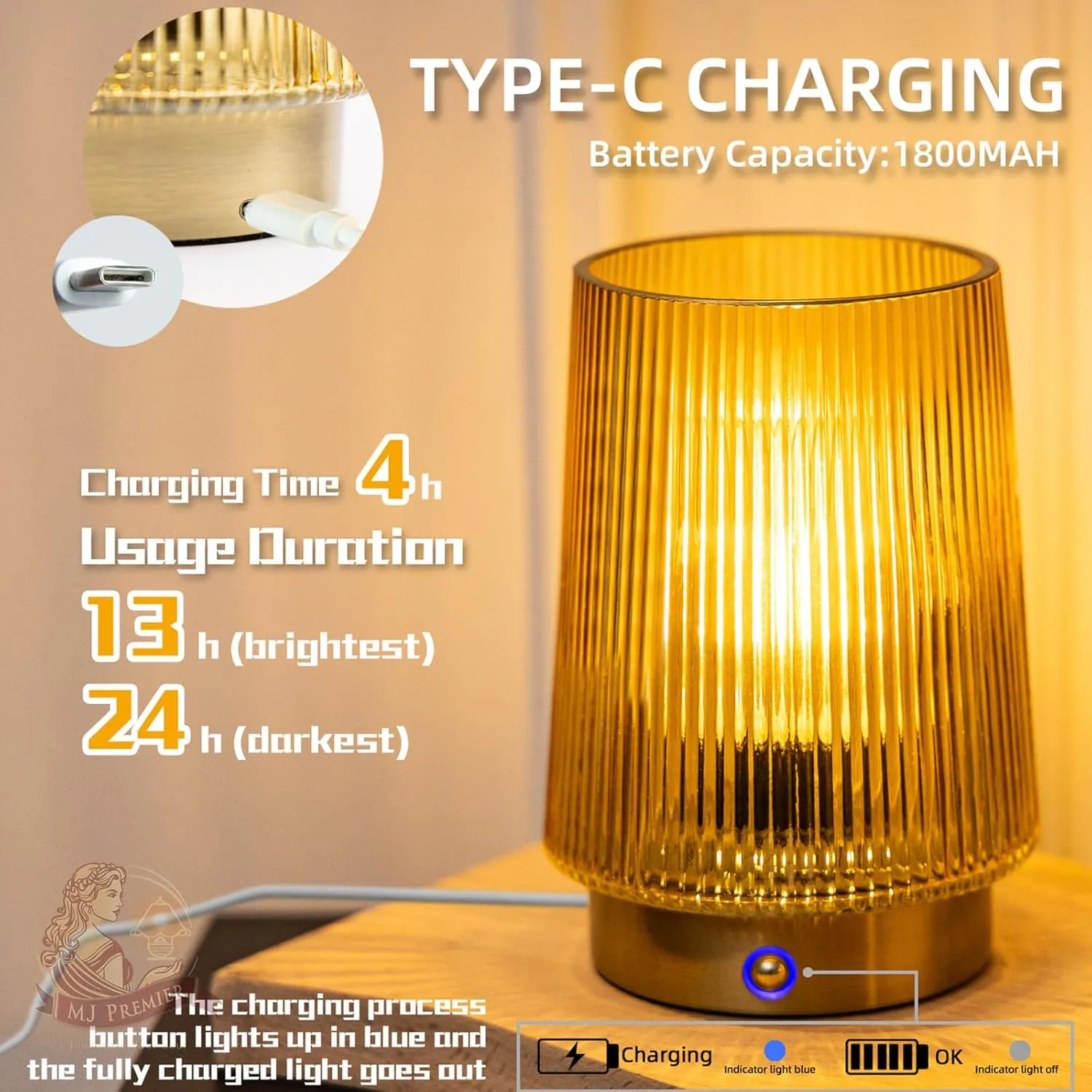 MJ PREMIER Cordless Lamps Rechargeable Glass Table Lamp Portable Dimmable Brightness Touch Battery Operated Lamp Cordless Beside Touch Lamp for Home Bedroom Kitchen Dining Bathroom Yellow