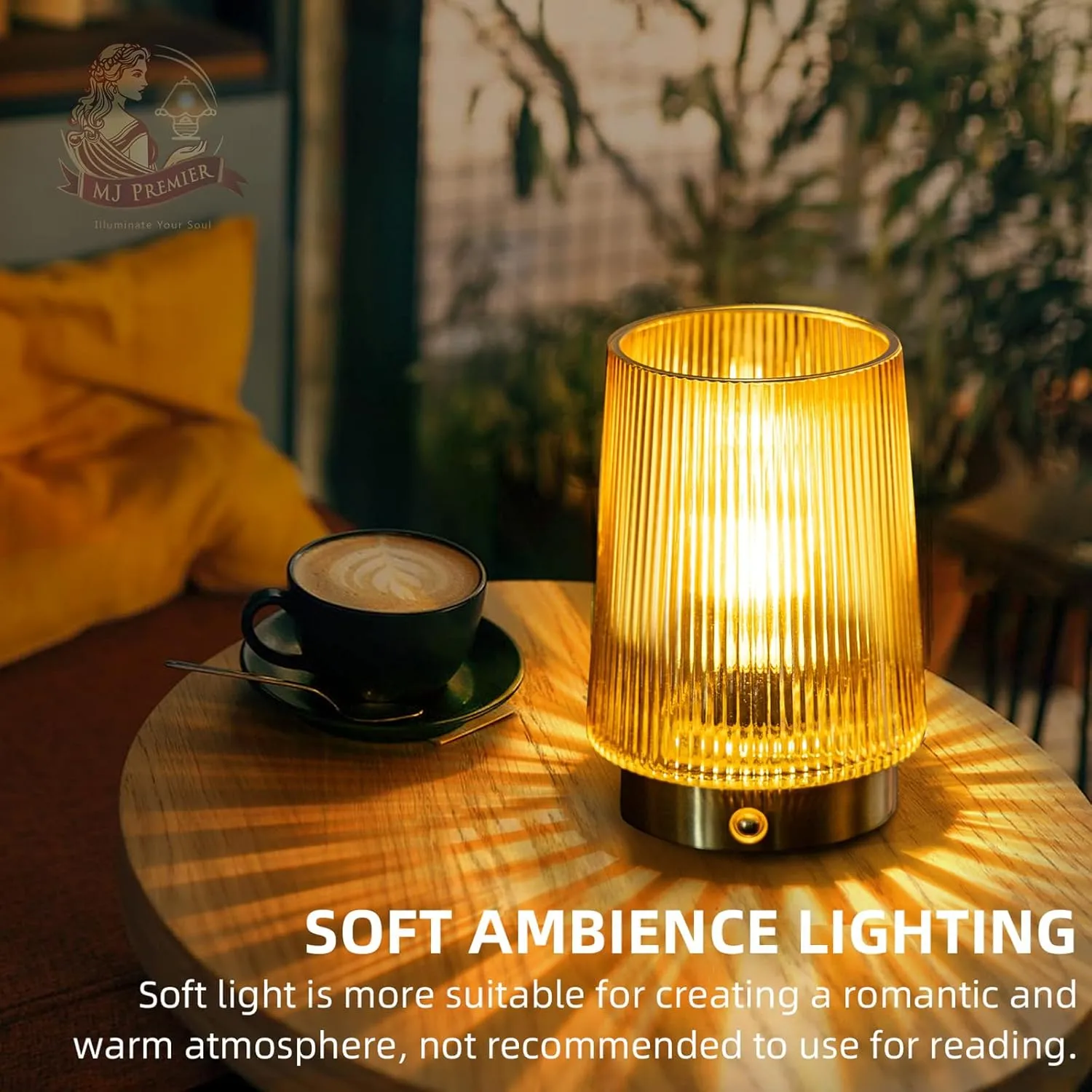 MJ PREMIER Cordless Lamps Rechargeable Glass Table Lamp Portable Dimmable Brightness Touch Battery Operated Lamp Cordless Beside Touch Lamp for Home Bedroom Kitchen Dining Bathroom Yellow