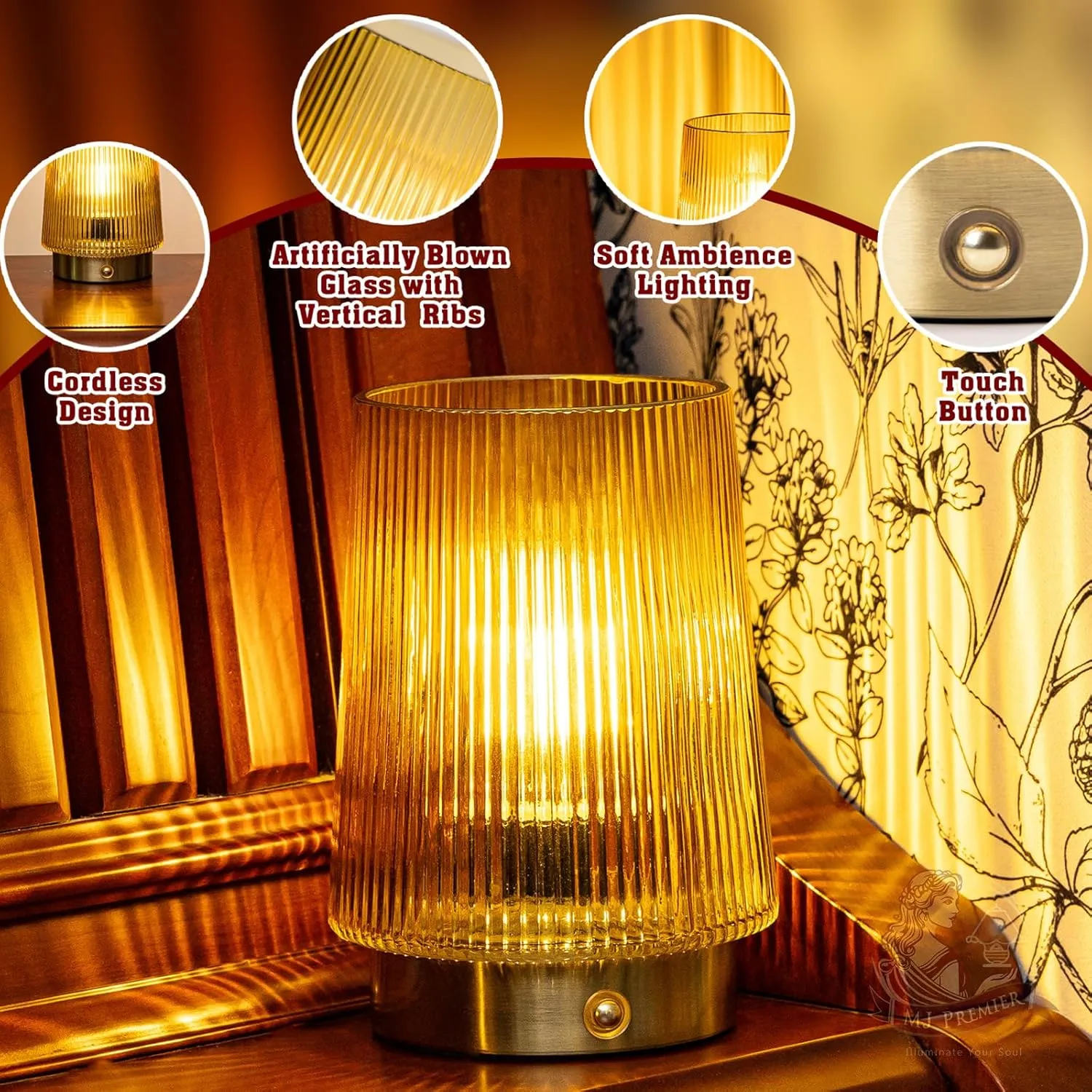 MJ PREMIER Cordless Lamps Rechargeable Glass Table Lamp Portable Dimmable Brightness Touch Battery Operated Lamp Cordless Beside Touch Lamp for Home Bedroom Kitchen Dining Bathroom Yellow