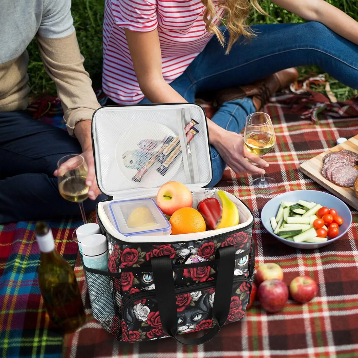 MNSRUU Cooler Bag Gothic Skull Cat Rose Soft Cooler Bag Insulated Lunch Totes Picnic Bag Beach Cooler Lunch Box Container with Adjustable Shoulder Strap