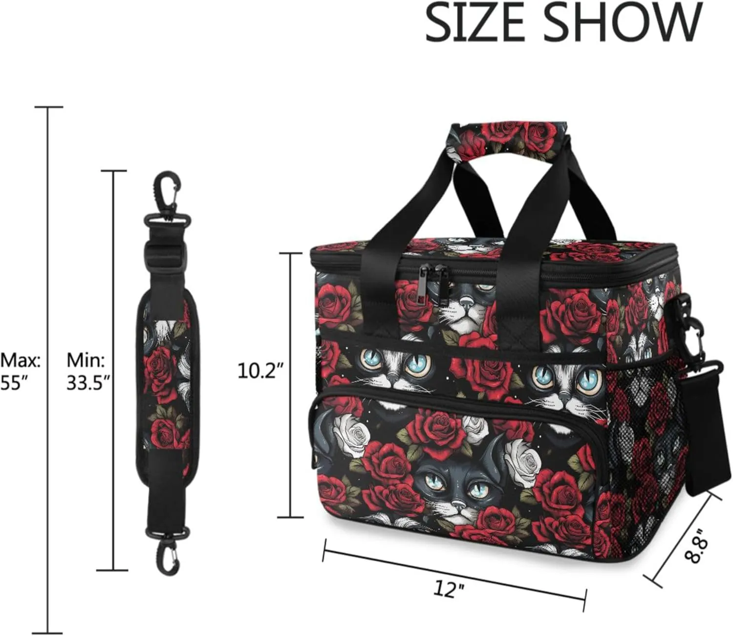 MNSRUU Cooler Bag Gothic Skull Cat Rose Soft Cooler Bag Insulated Lunch Totes Picnic Bag Beach Cooler Lunch Box Container with Adjustable Shoulder Strap