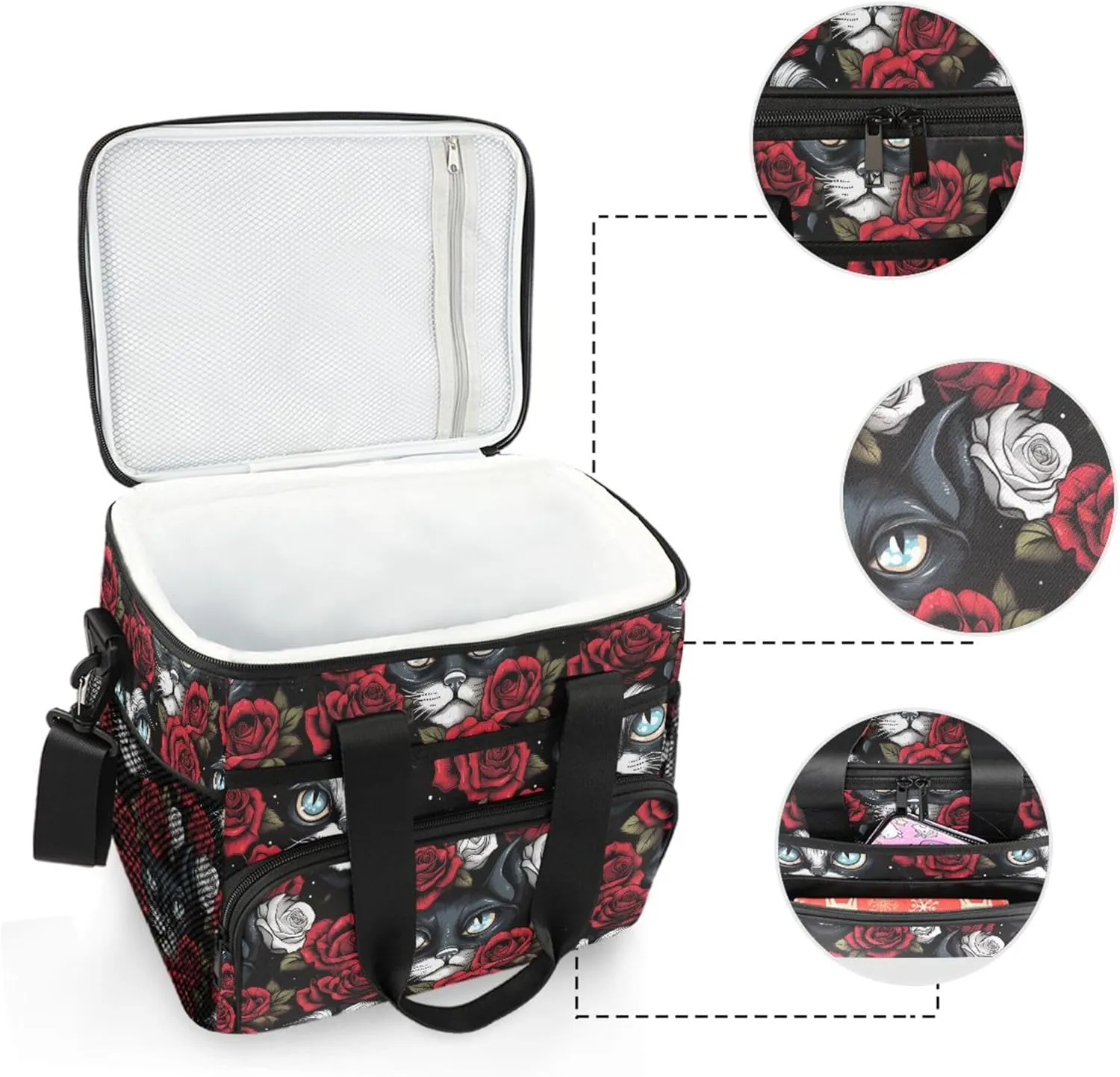 MNSRUU Cooler Bag Gothic Skull Cat Rose Soft Cooler Bag Insulated Lunch Totes Picnic Bag Beach Cooler Lunch Box Container with Adjustable Shoulder Strap