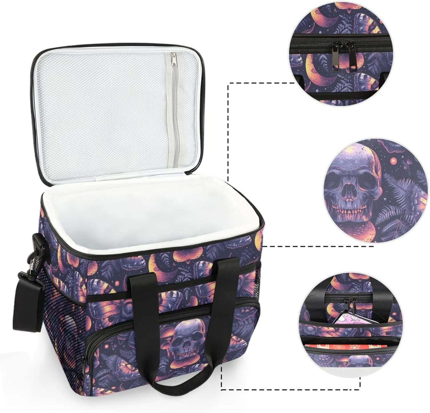 MNSRUU Cooler Bag Gothic Skull Rose Soft Cooler Bag Insulated Lunch Totes Picnic Bag Beach Cooler Lunch Box Container with Adjustable Shoulder Strap