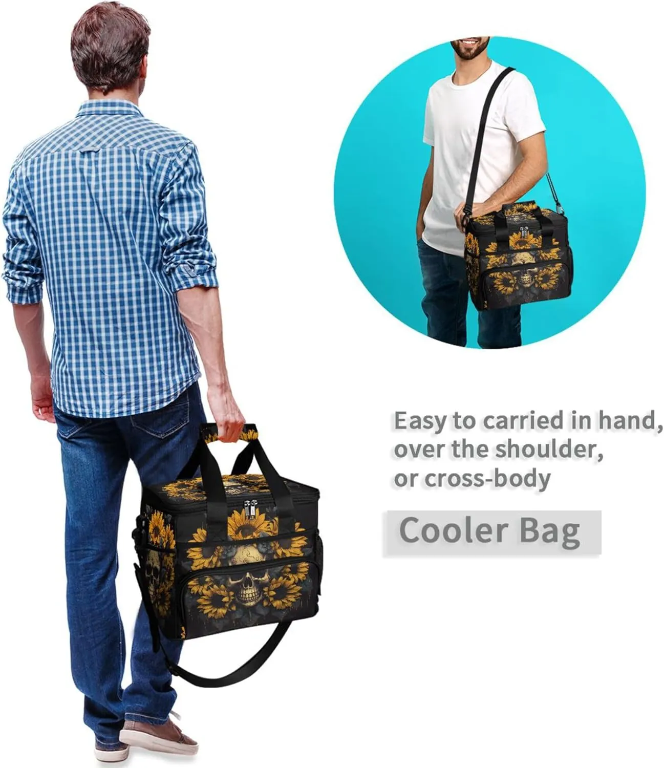 MNSRUU Cooler Bag Skull and Sunflower Soft Cooler Bag Insulated Lunch Totes Picnic Bag Beach Cooler Lunch Box Container with Adjustable Shoulder Strap