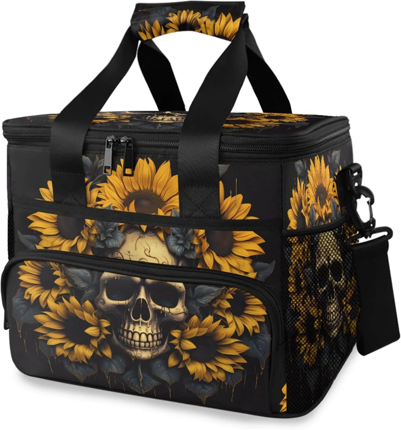 MNSRUU Cooler Bag Skull and Sunflower Soft Cooler Bag Insulated Lunch Totes Picnic Bag Beach Cooler Lunch Box Container with Adjustable Shoulder Strap