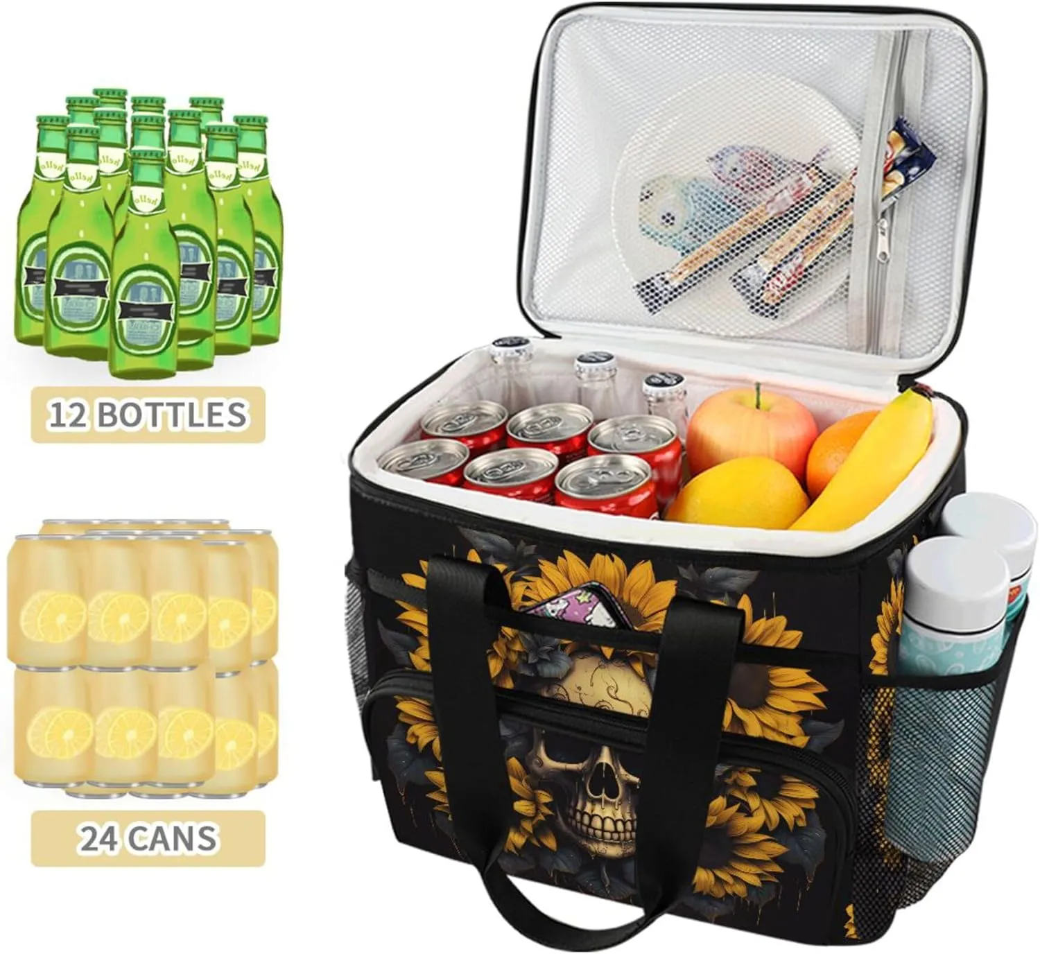 MNSRUU Cooler Bag Skull and Sunflower Soft Cooler Bag Insulated Lunch Totes Picnic Bag Beach Cooler Lunch Box Container with Adjustable Shoulder Strap