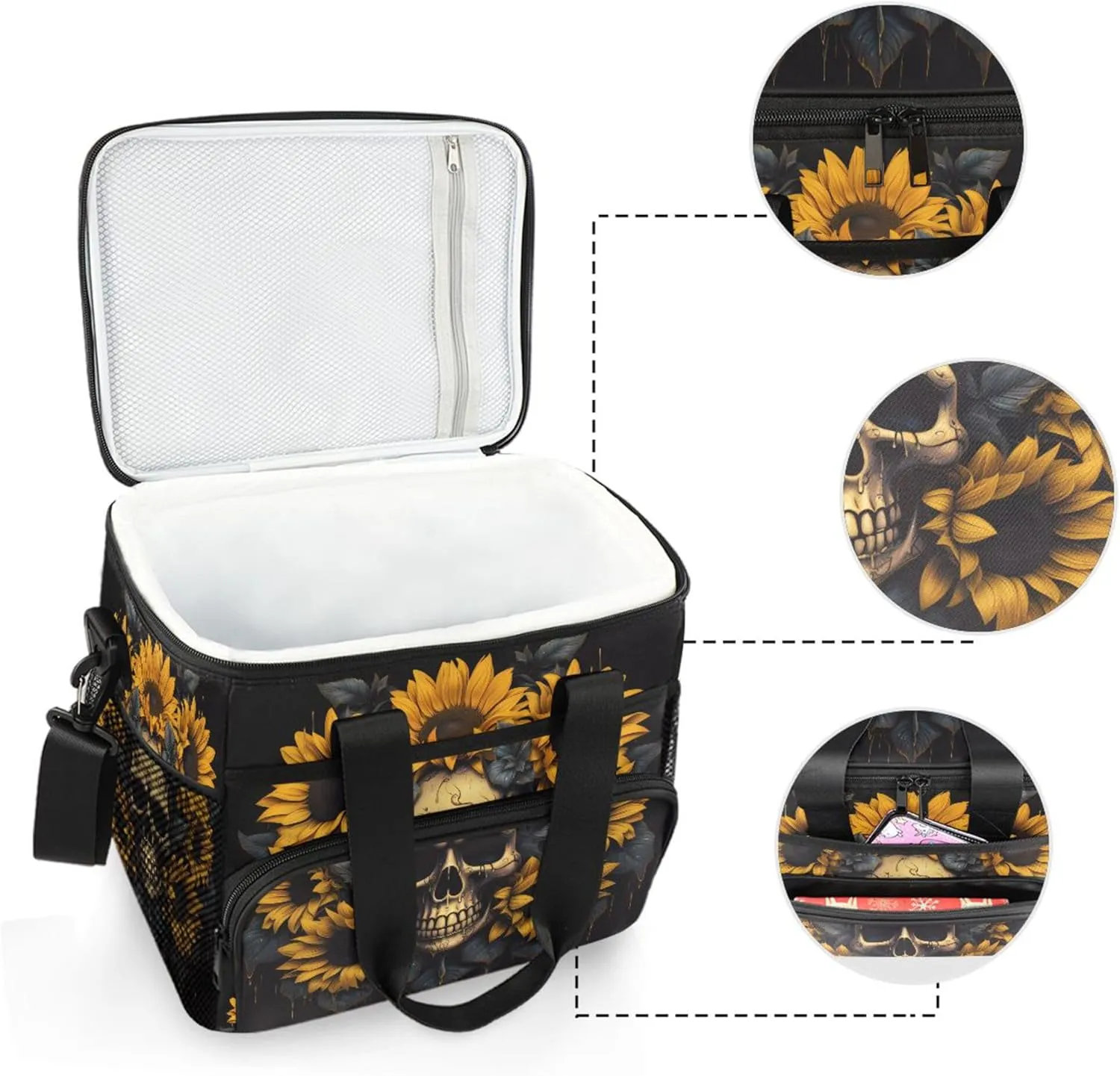 MNSRUU Cooler Bag Skull and Sunflower Soft Cooler Bag Insulated Lunch Totes Picnic Bag Beach Cooler Lunch Box Container with Adjustable Shoulder Strap
