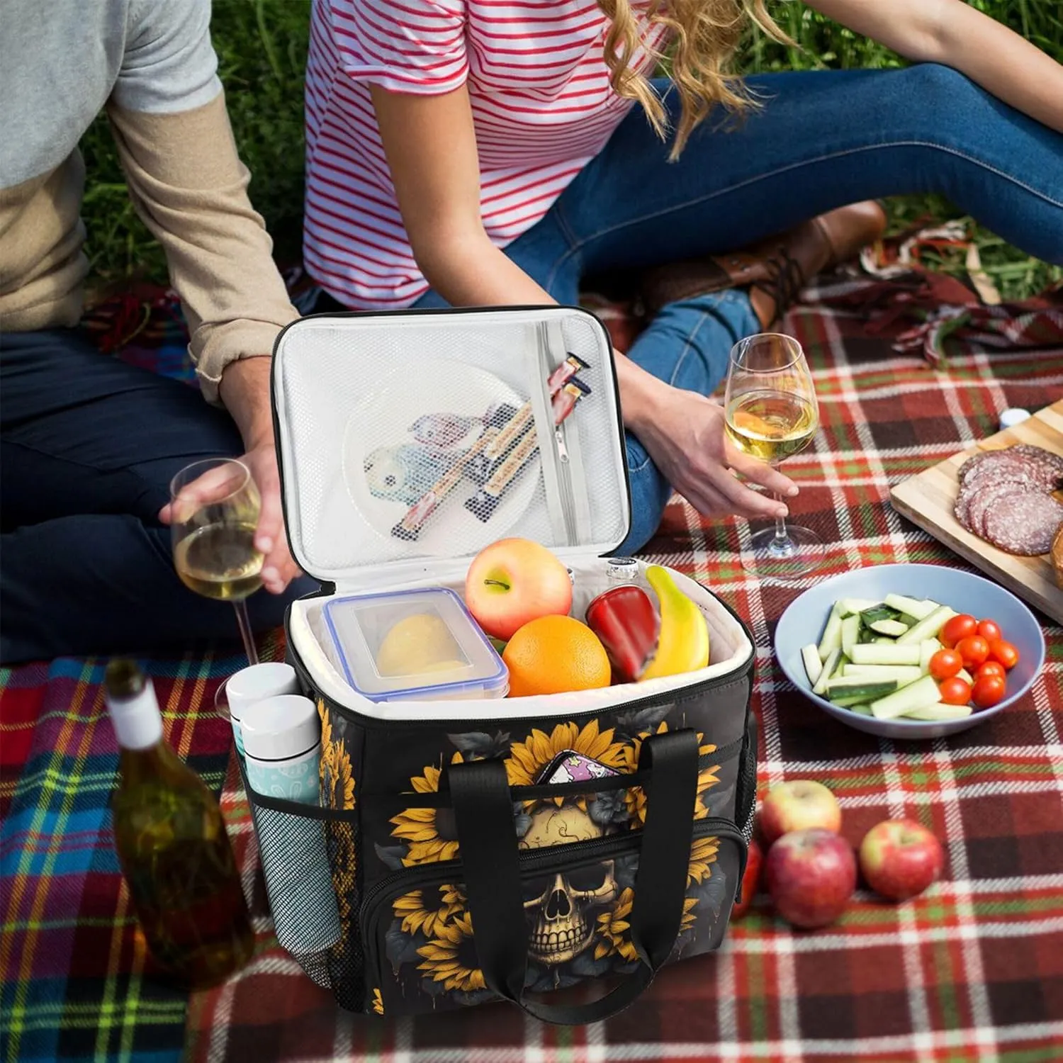 MNSRUU Cooler Bag Skull and Sunflower Soft Cooler Bag Insulated Lunch Totes Picnic Bag Beach Cooler Lunch Box Container with Adjustable Shoulder Strap
