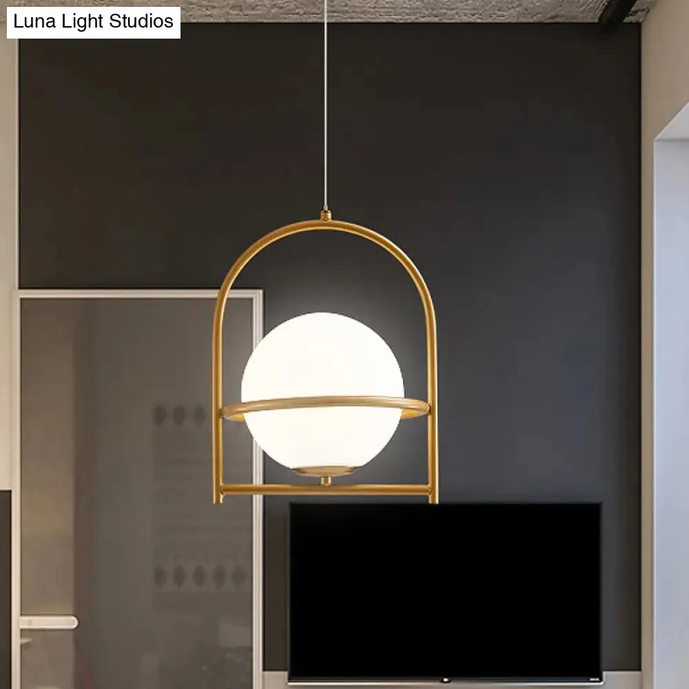 Modern Ball Suspension Light with Birdcage Design, Opal Glass, 1 Bulb, 9"/11" Wide, Bedside Ceiling Fixture - Black/Gold