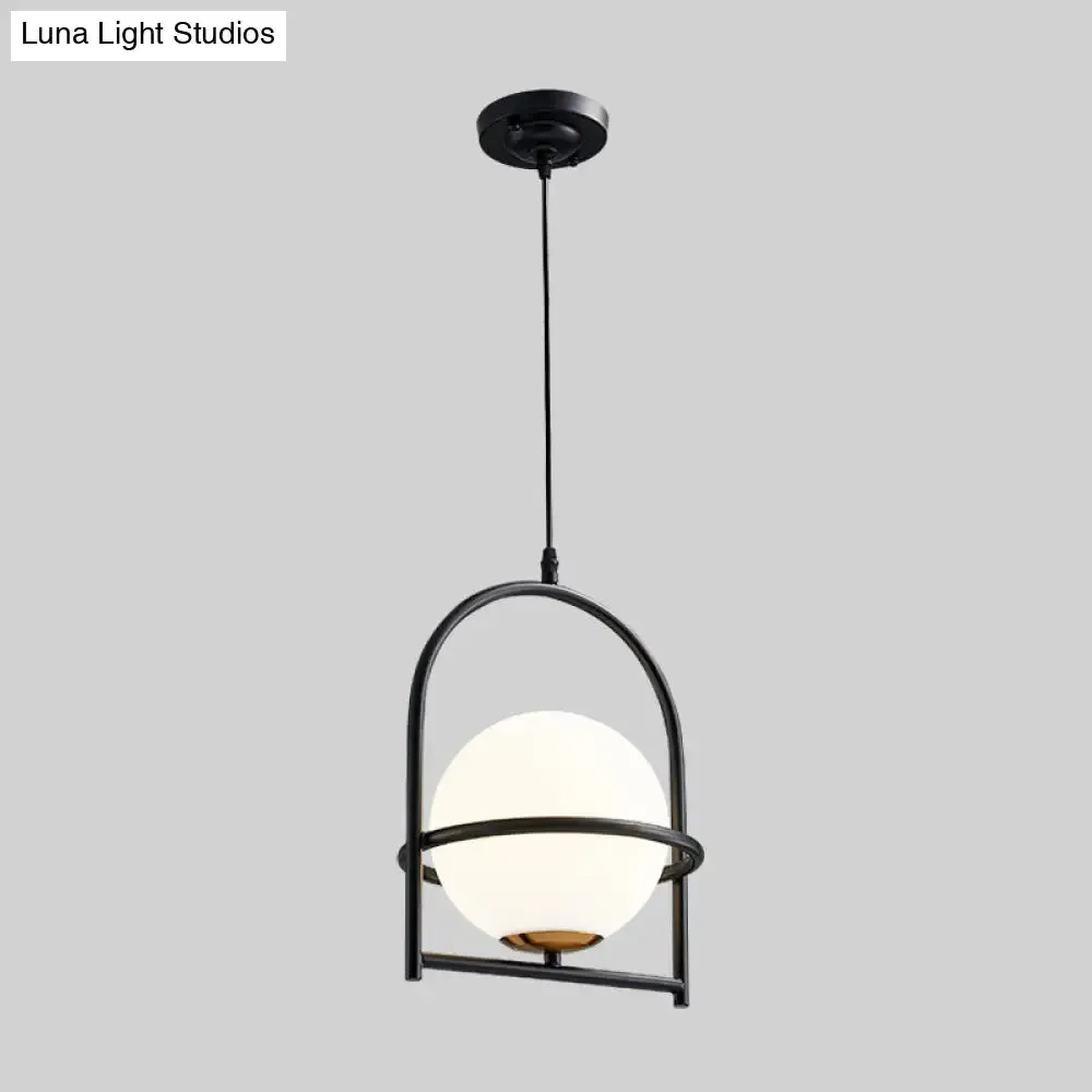 Modern Ball Suspension Light with Birdcage Design, Opal Glass, 1 Bulb, 9"/11" Wide, Bedside Ceiling Fixture - Black/Gold