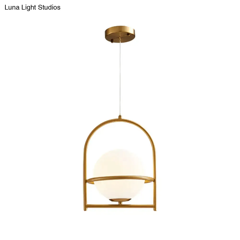 Modern Ball Suspension Light with Birdcage Design, Opal Glass, 1 Bulb, 9"/11" Wide, Bedside Ceiling Fixture - Black/Gold