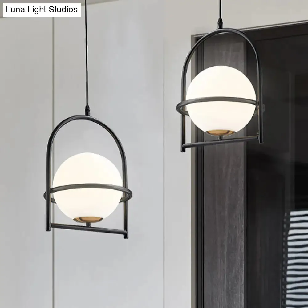 Modern Ball Suspension Light with Birdcage Design, Opal Glass, 1 Bulb, 9"/11" Wide, Bedside Ceiling Fixture - Black/Gold